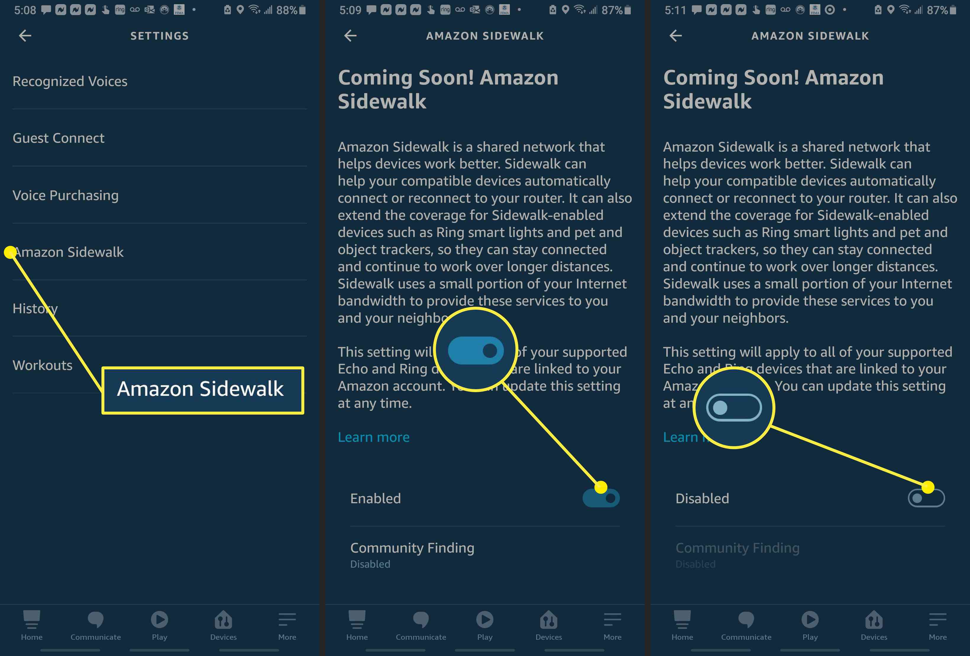 Schermafbeeldingen van de Amazon Alexa-app die laten zien hoe je Amazon Sidewalk kunt uitschakelen. 