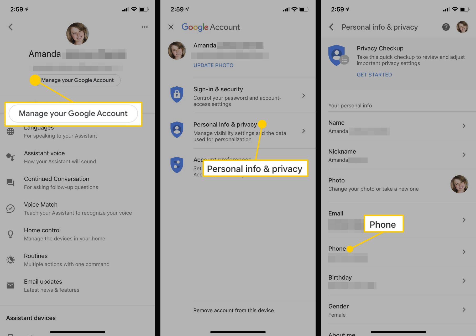 Screenshots die laten zien hoe je je telefoonnummer zichtbaar maakt voor Google Home op iPhone