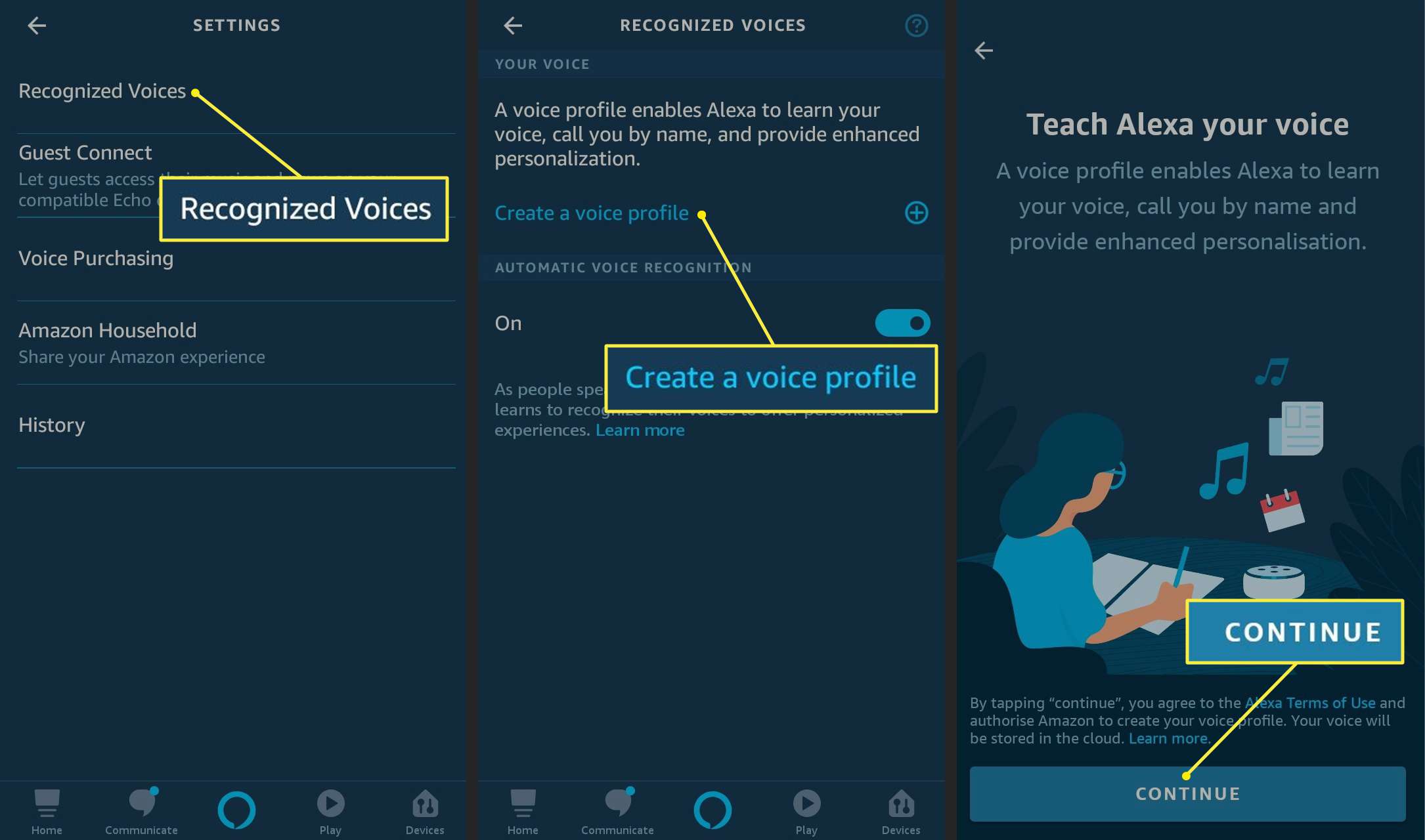 Alexa-app met pad om een ​​spraakprofiel te maken
