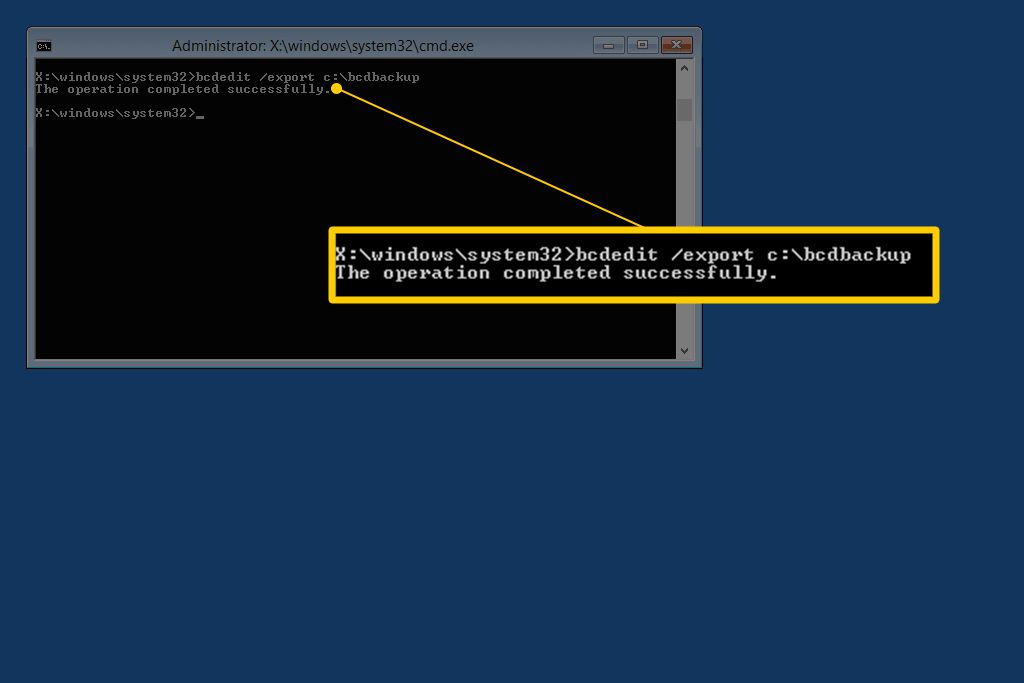 bcdedit /export c:bcdbackup commando in Console