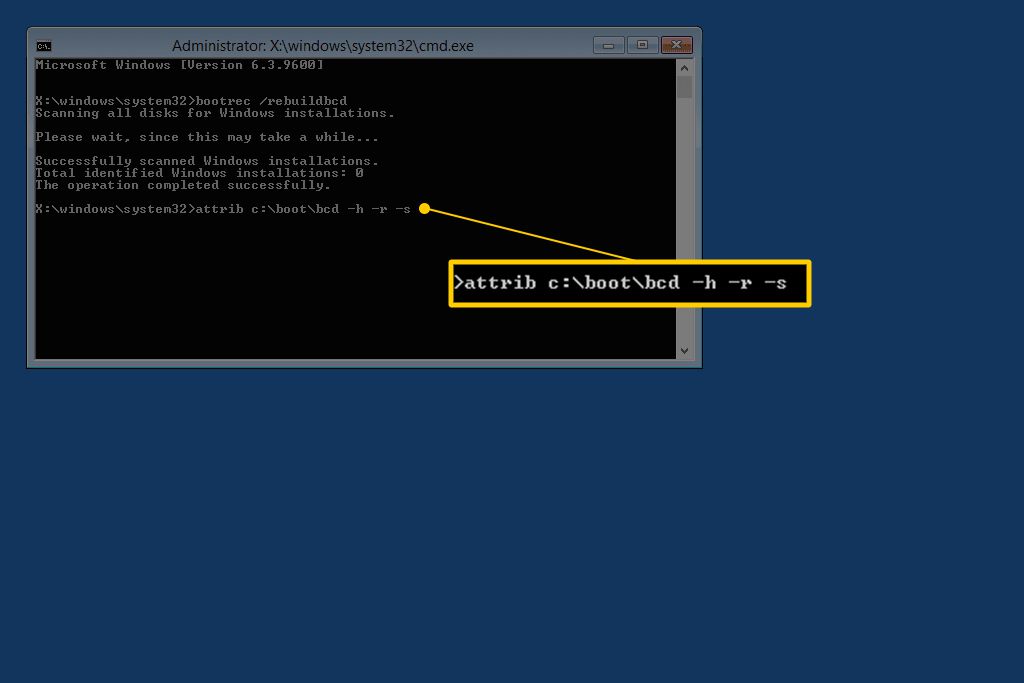 attrib c:bootbcd -h -r -s commando in Console