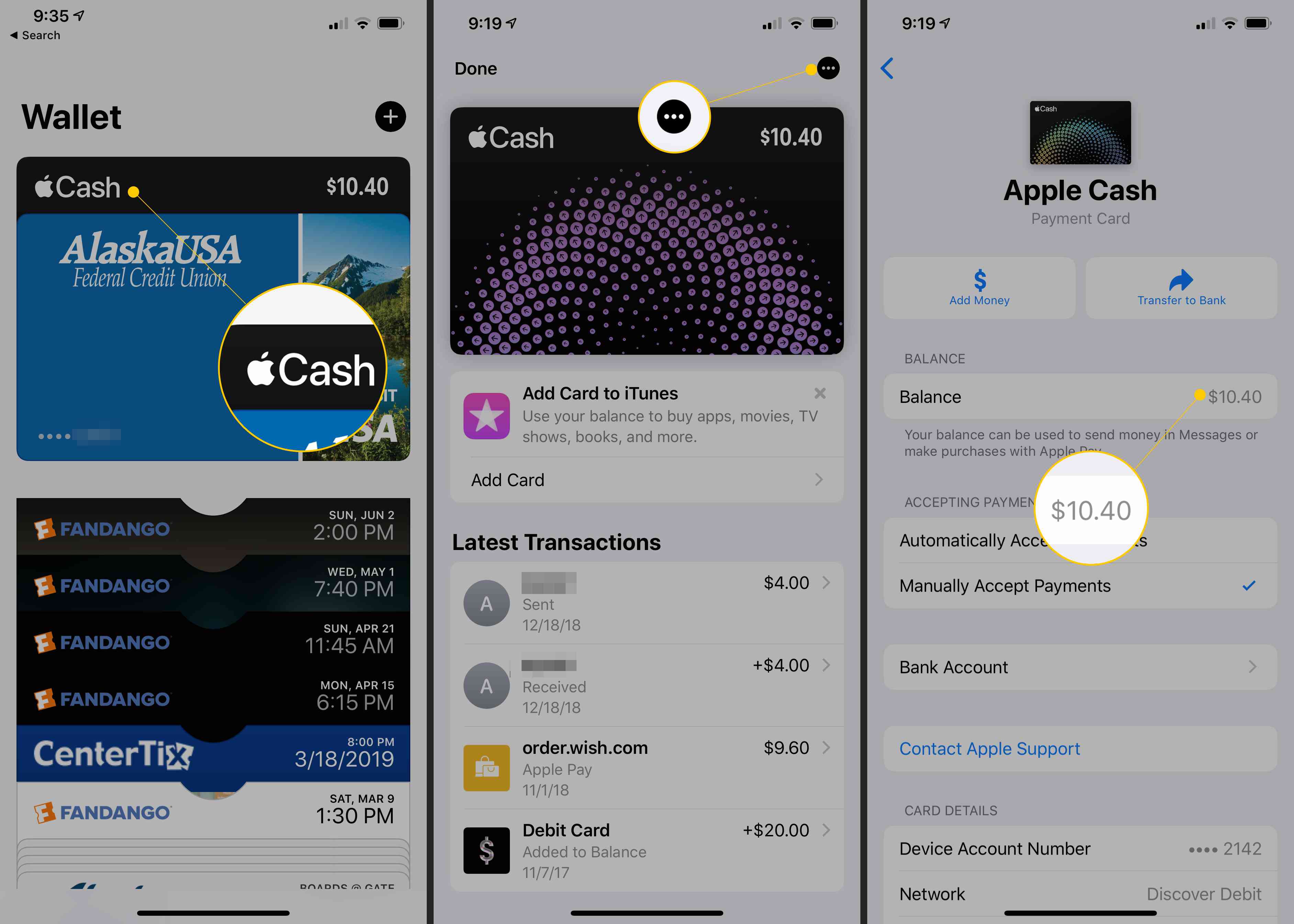 Apple Cash-kaart in Wallet, Menu met drie stippen, Saldoweergave