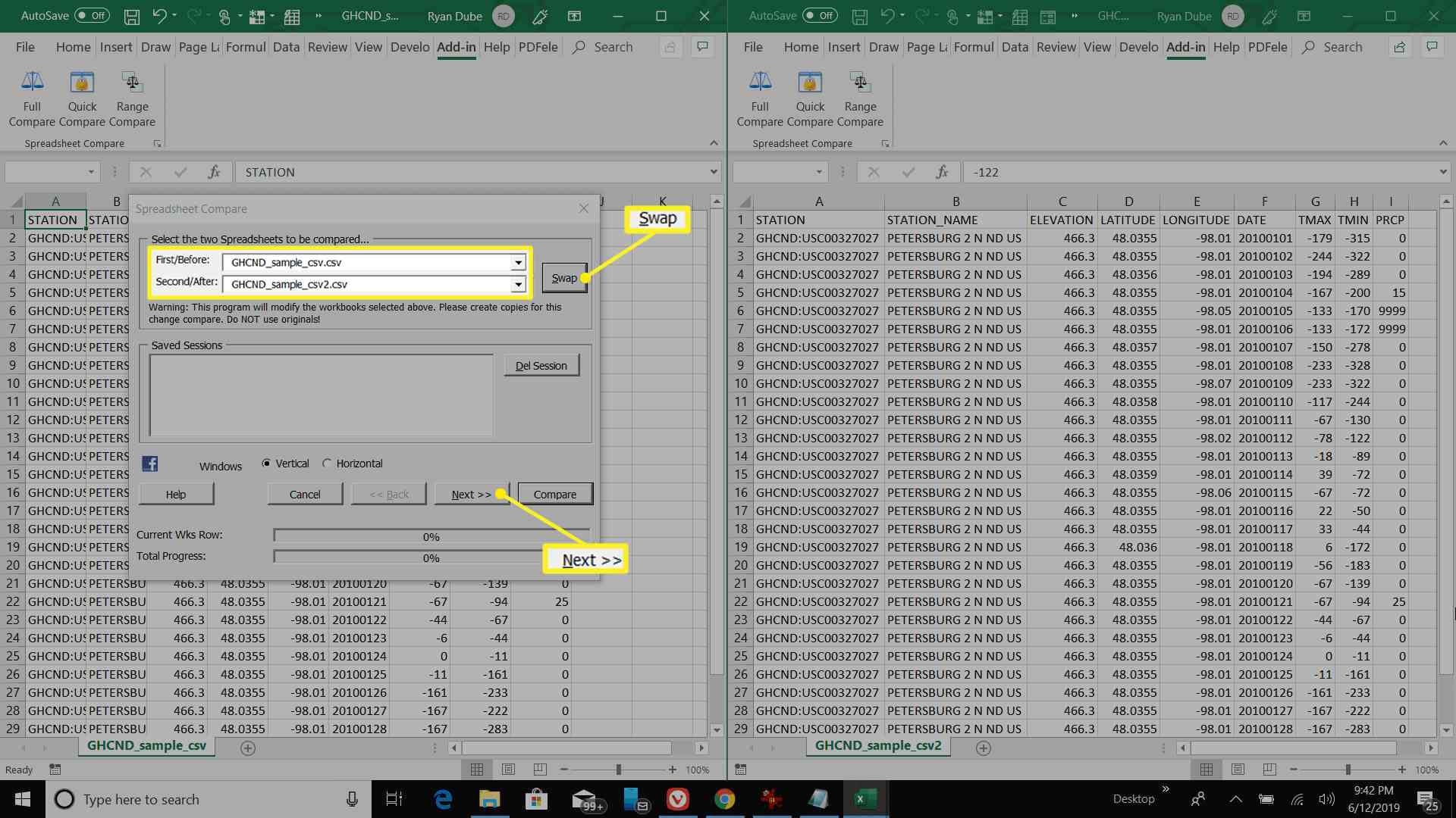 Venster Spreadsheet Vergelijking met beide bestanden in de lijst