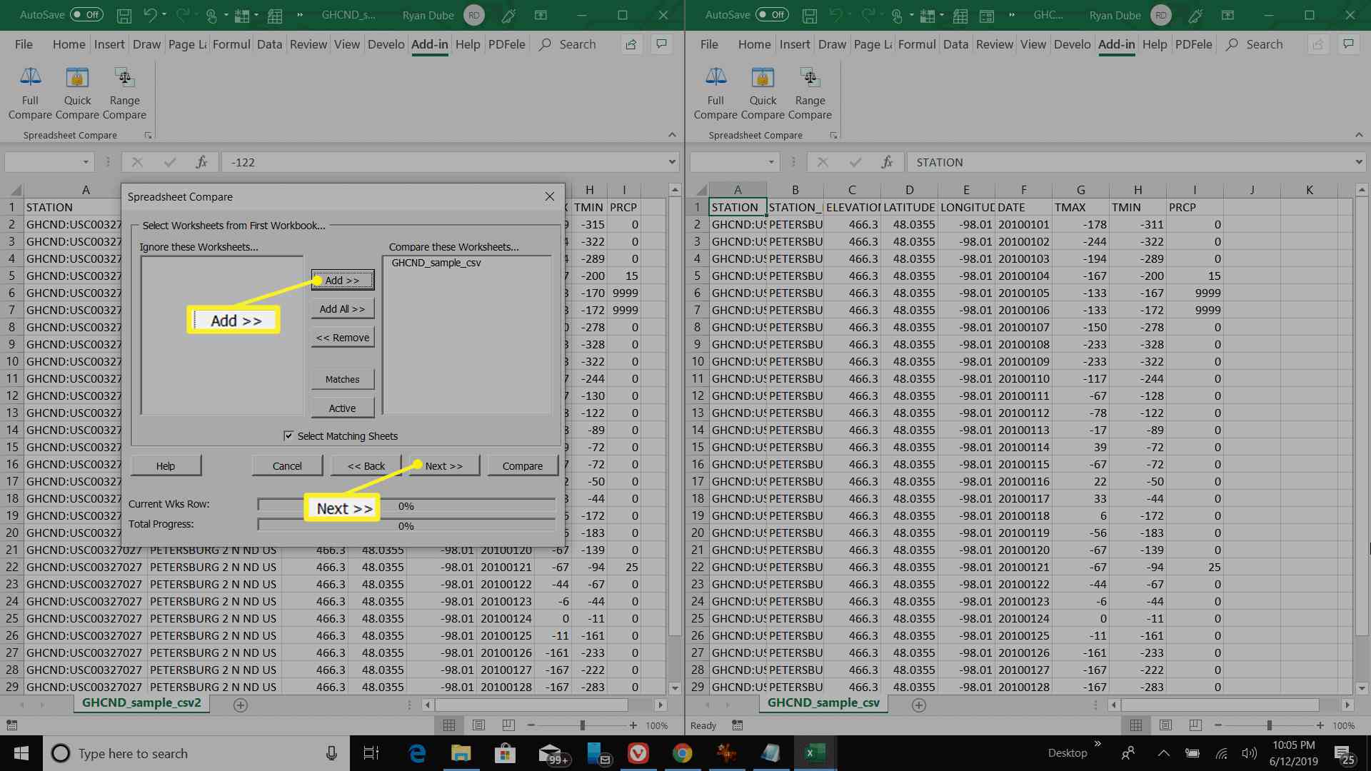 De bladen selecteren voor vergelijking in Spreadsheet Compare