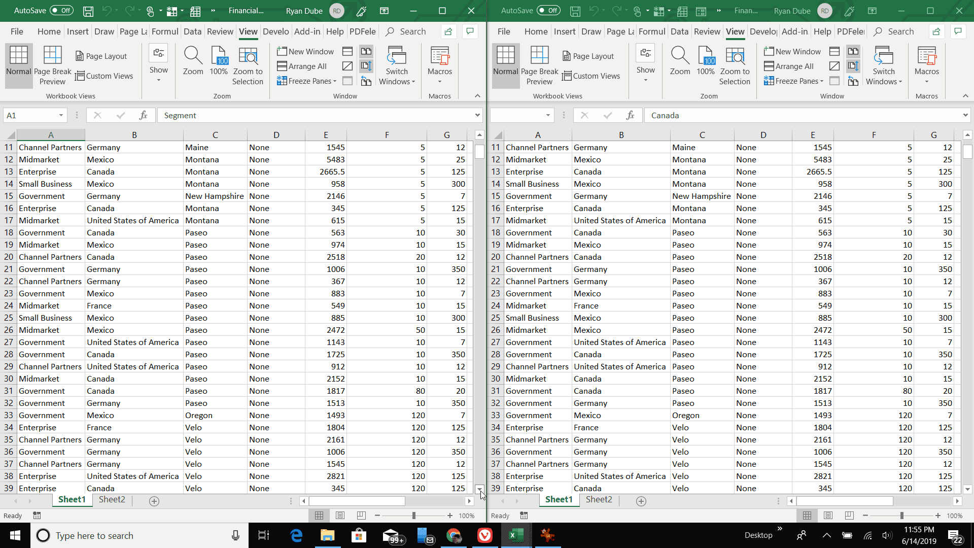 Screenshot van zij aan zij weergave in Excel