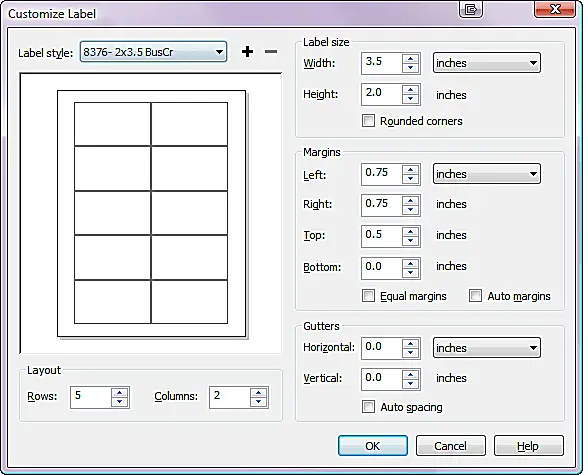 Dialoogvenster Aangepaste labels van CorelDRAW