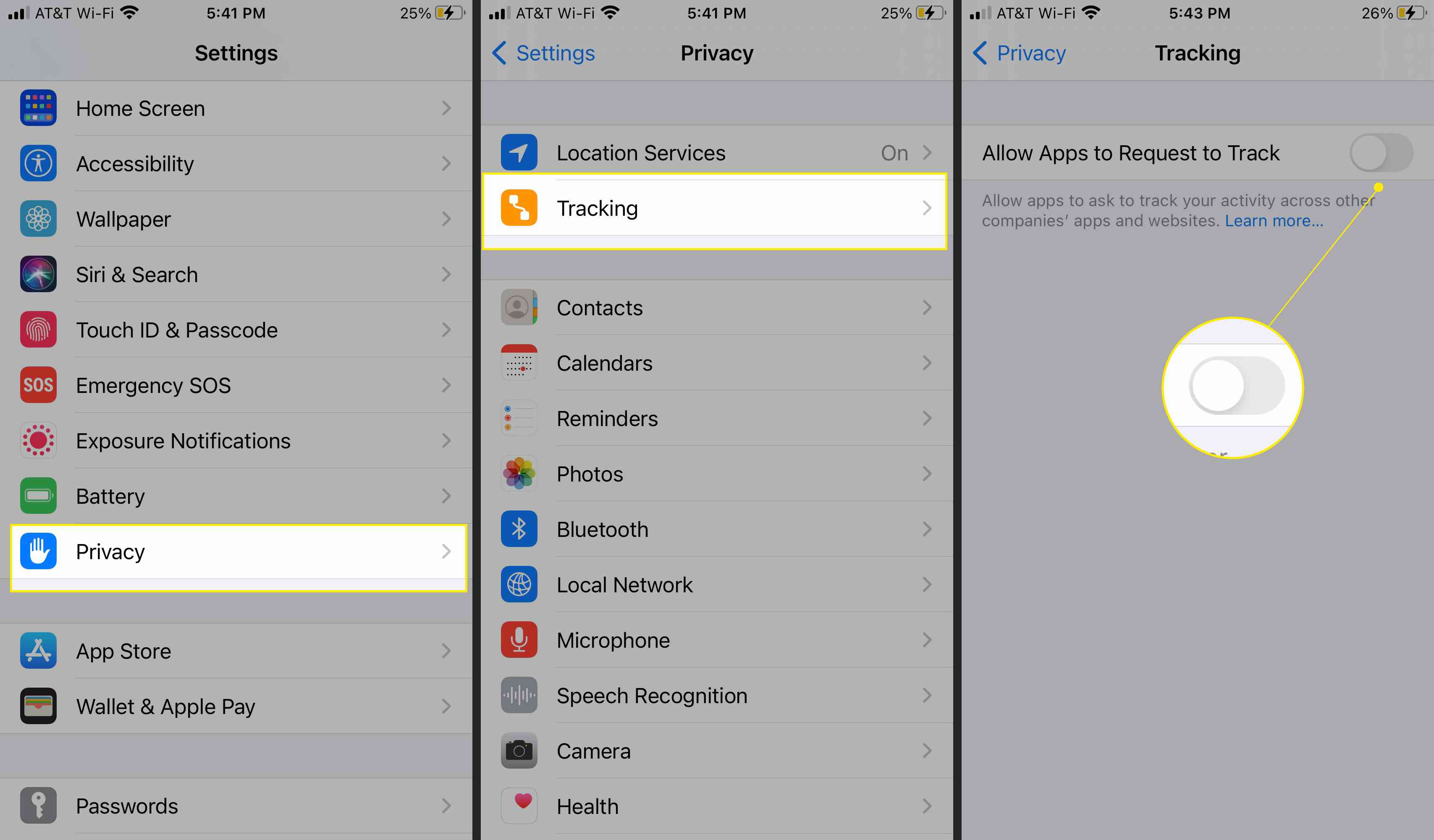 iPhone-instellingen met privacy, volgen en afmelden voor bijhouden van app-activiteit gemarkeerd