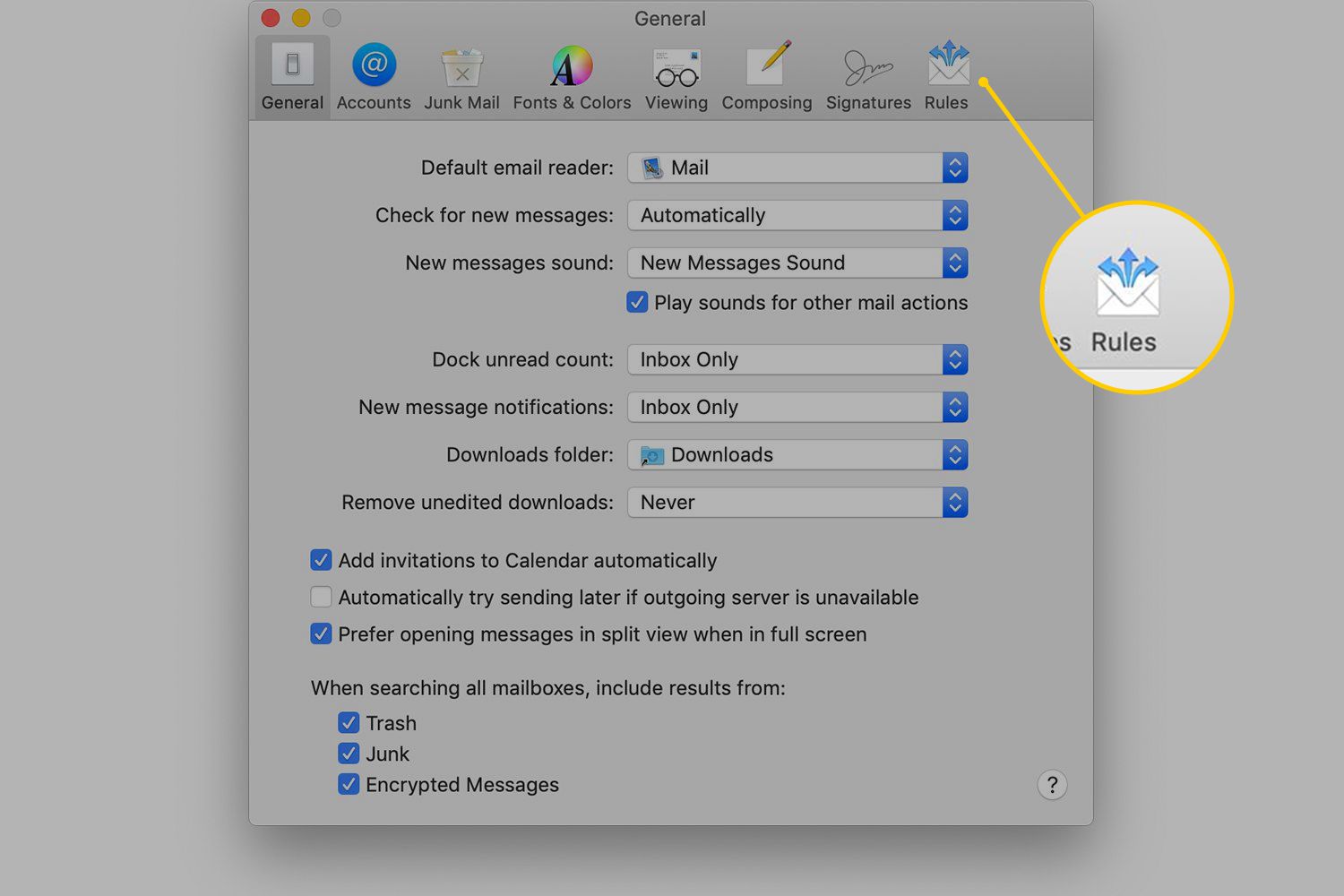 Knop Regels in macOS Mail-voorkeuren