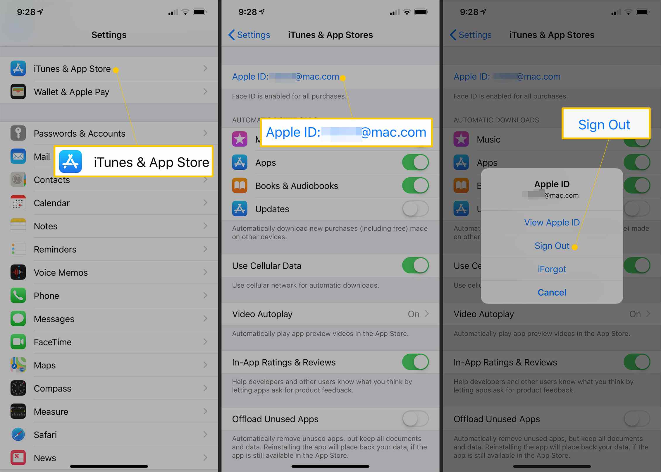 iTunes & App Store, Apple ID, Afmeldknoppen in iOS-instellingen