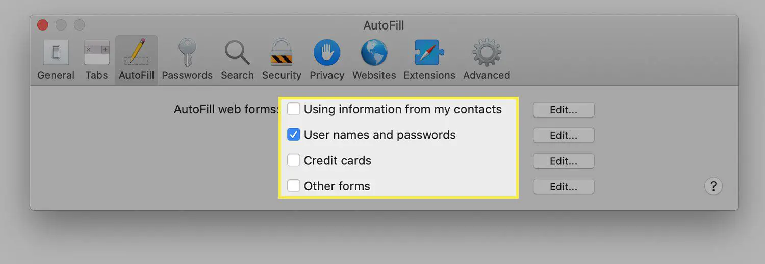 Een screenshot van Safari's voorkeuren voor automatisch aanvullen met de opties gemarkeerd