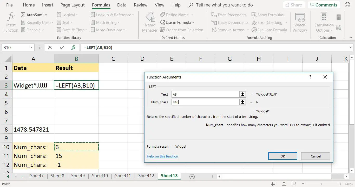 Een screenshot die laat zien hoe je de LEFT-functie in Excel invoert