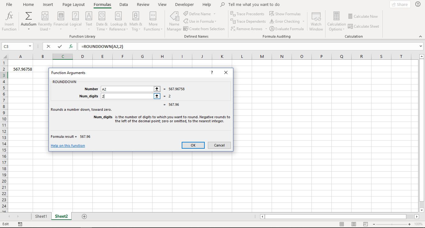 Het dialoogvenster ROUNDOWN-functieargument in Excel.