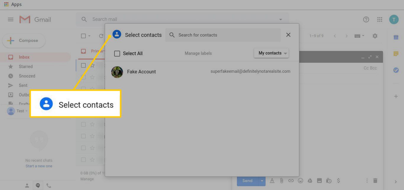 Selecteer het contactenvenster in Gmail