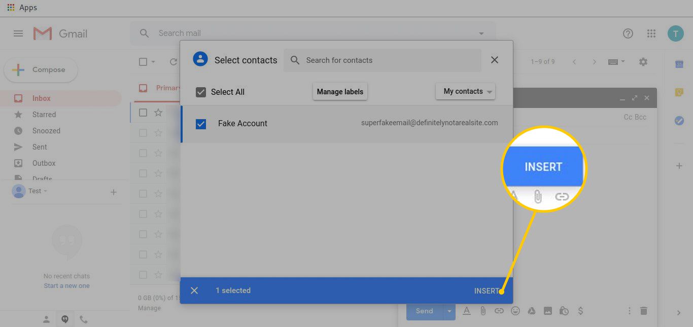 Knop Contacten invoegen in Gmail