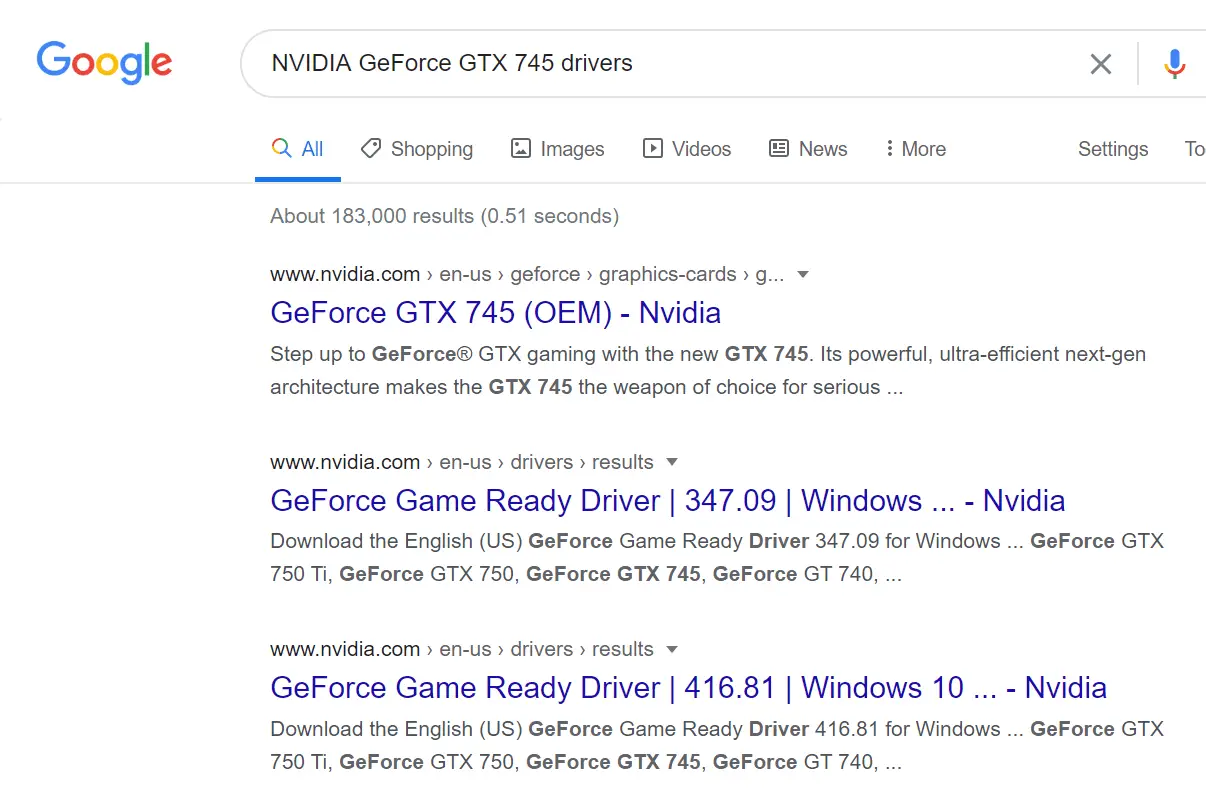 Google-zoekresultaten voor NVIDIA GeForce-stuurprogramma's