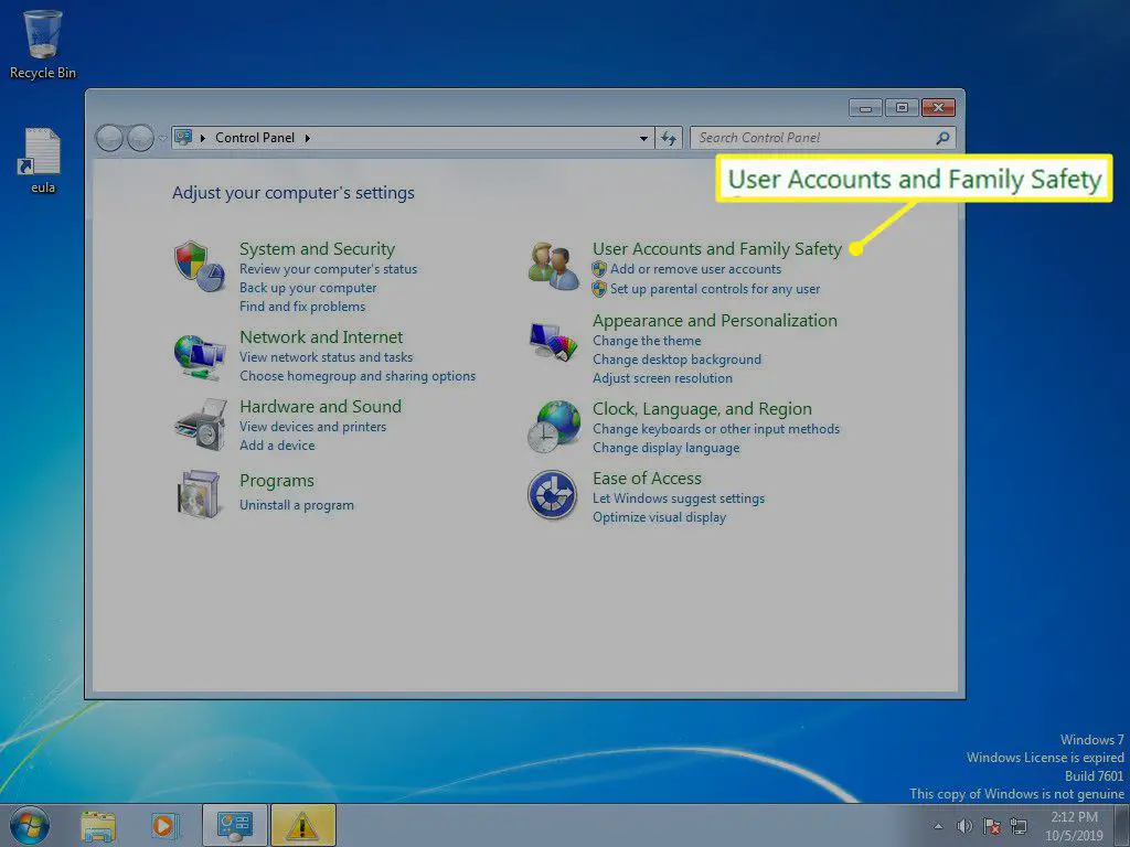 Configuratiescherm van Windows 7 met gebruikersaccounts en Family Safety geselecteerd