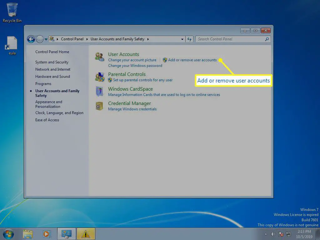 Windows 7 Gebruikersaccount met Gebruikersaccounts toevoegen of verwijderen geselecteerd