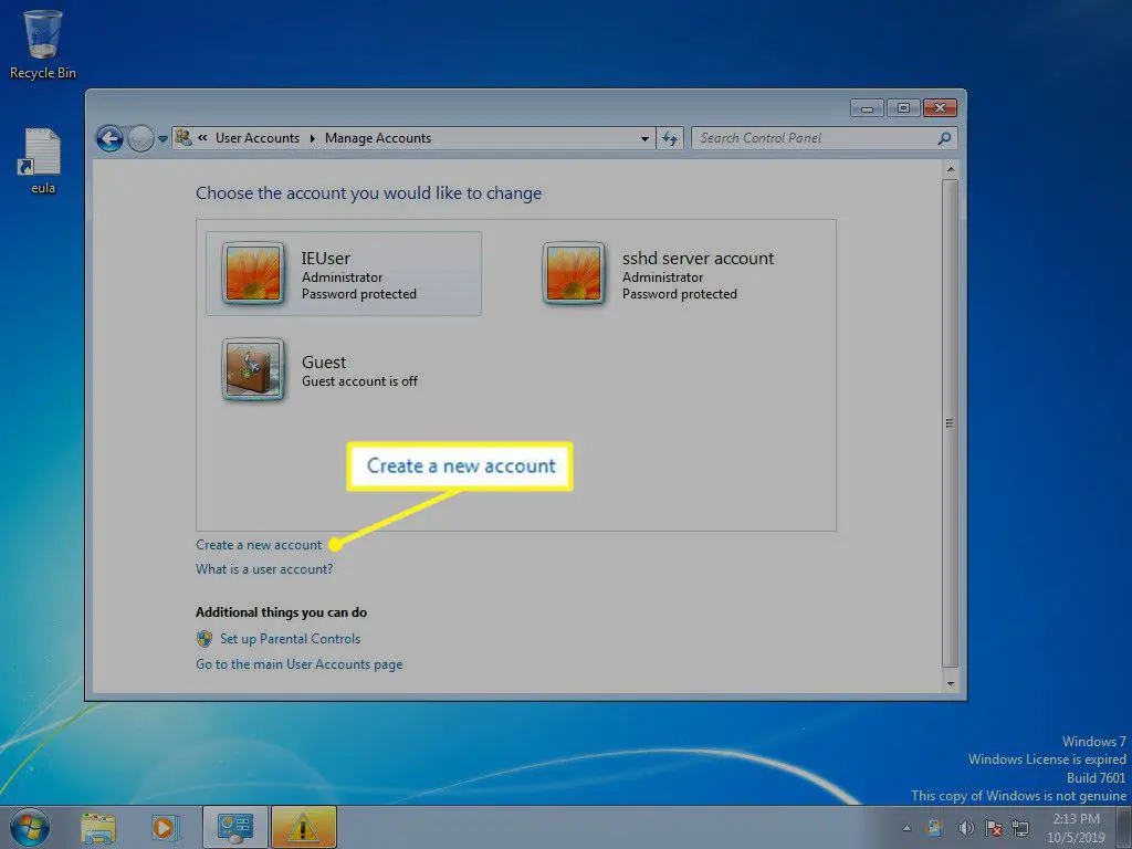 Windows 7 Accounts beheren met Een nieuw account maken geselecteerd