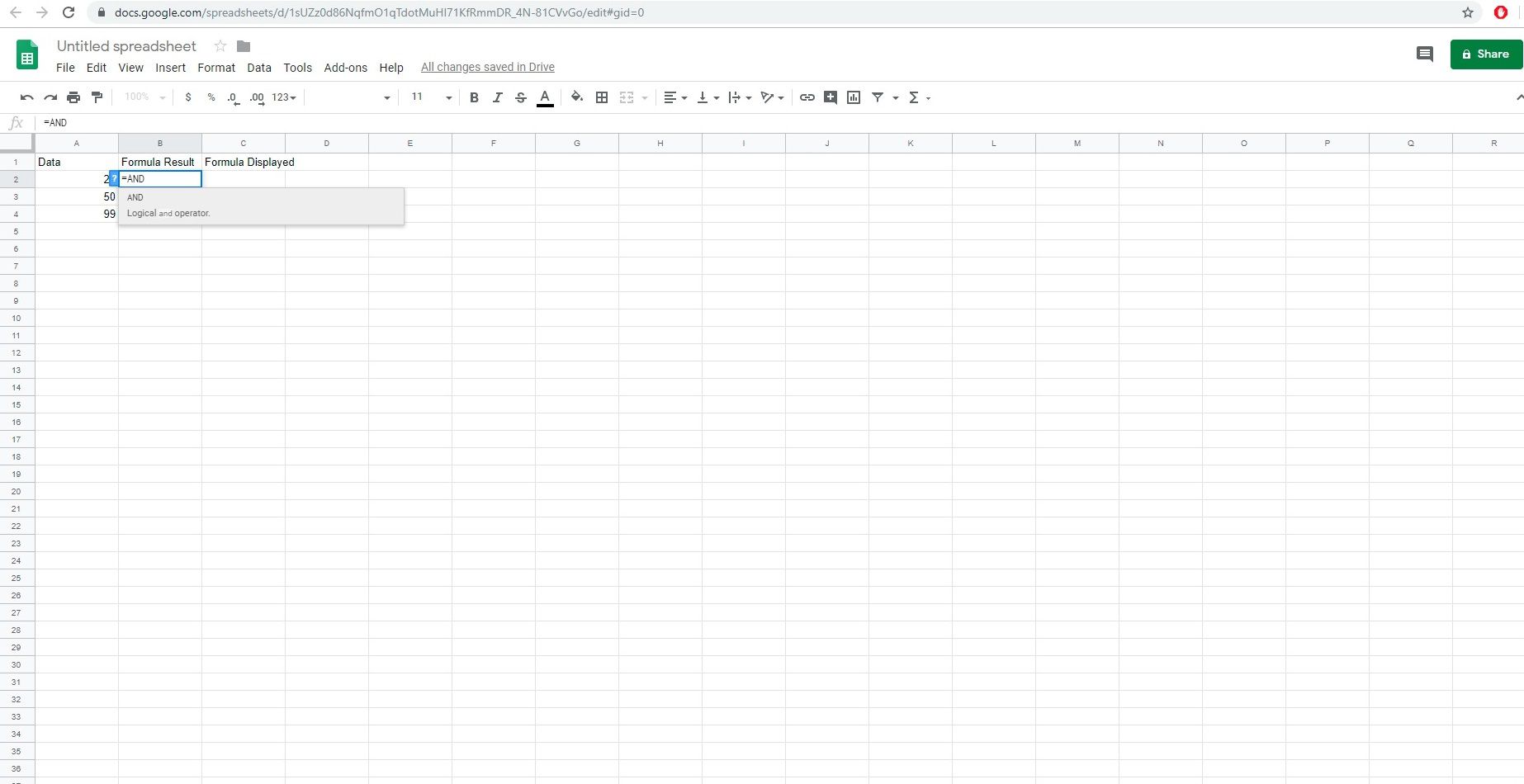 Screenshot van de AND-functie in Google Spreadsheets