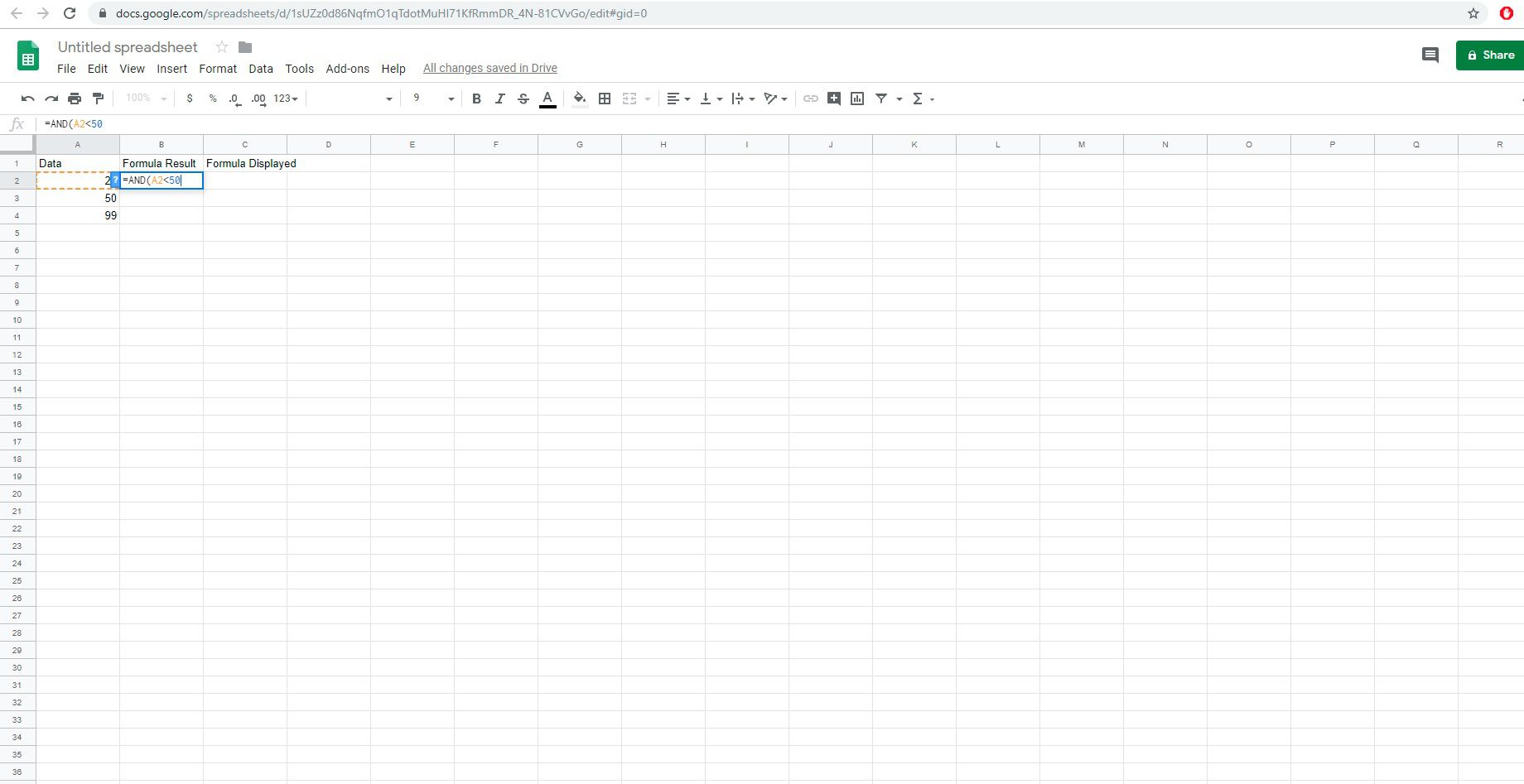 Een voorbeeld van de AND-functie in Google Spreadsheets