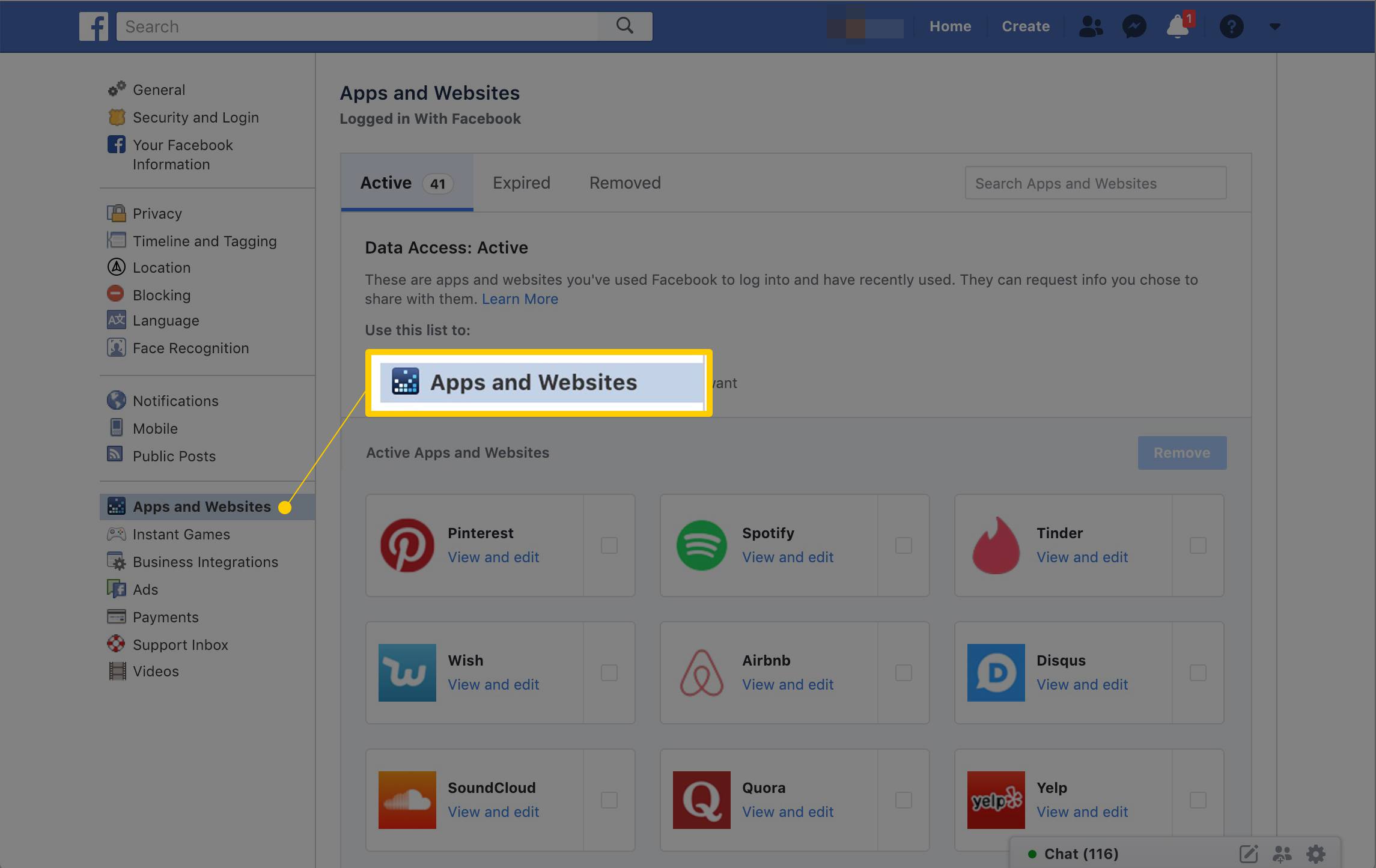 Tabblad Apps en websites in Facebook-instellingen