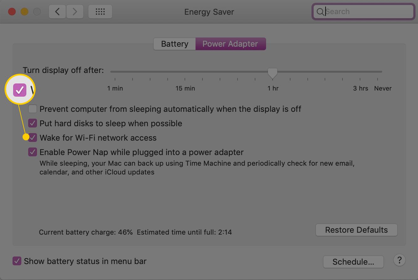 Wake voor wifi-netwerktoegang in macOS Energy Saver-systeemvoorkeurenpaneel