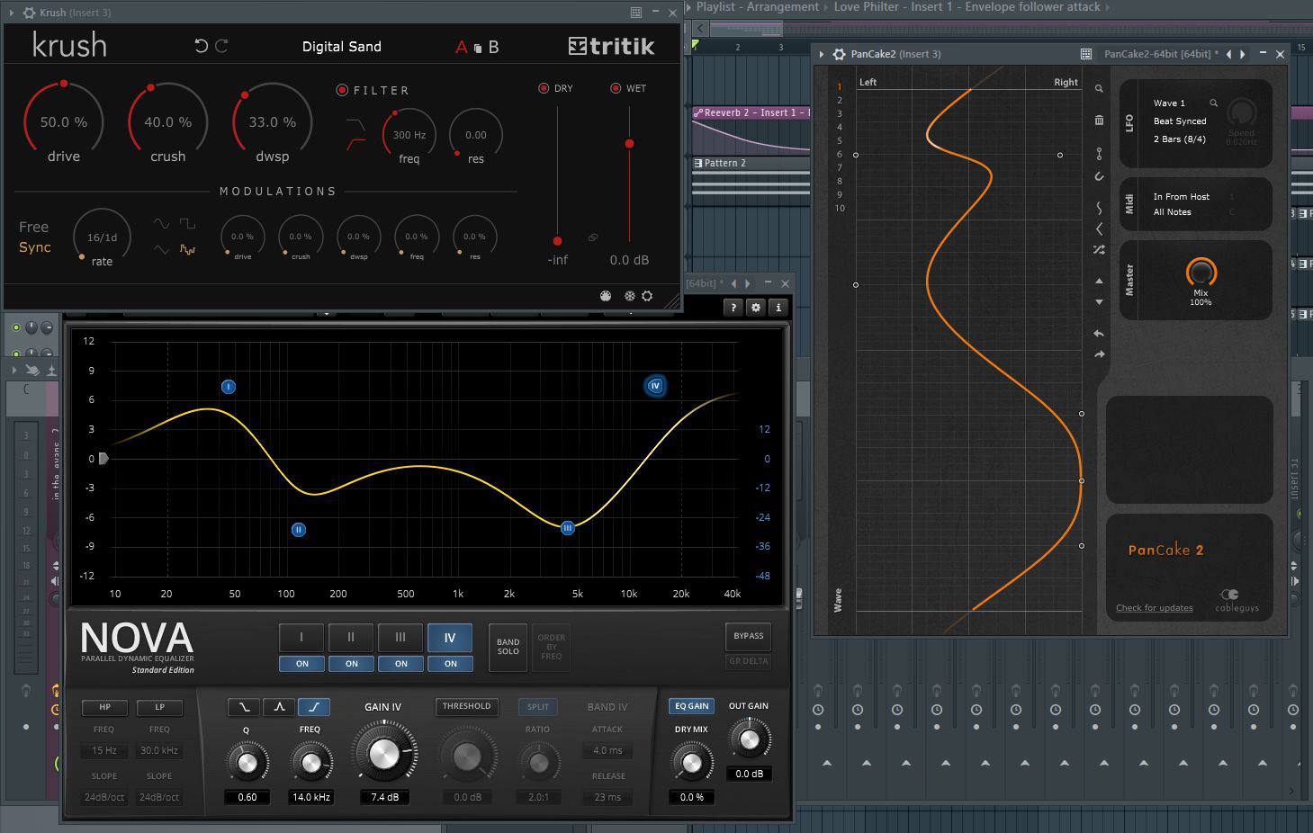 De plug-ins Krush, PanCake en TDR Nova VST effecten.