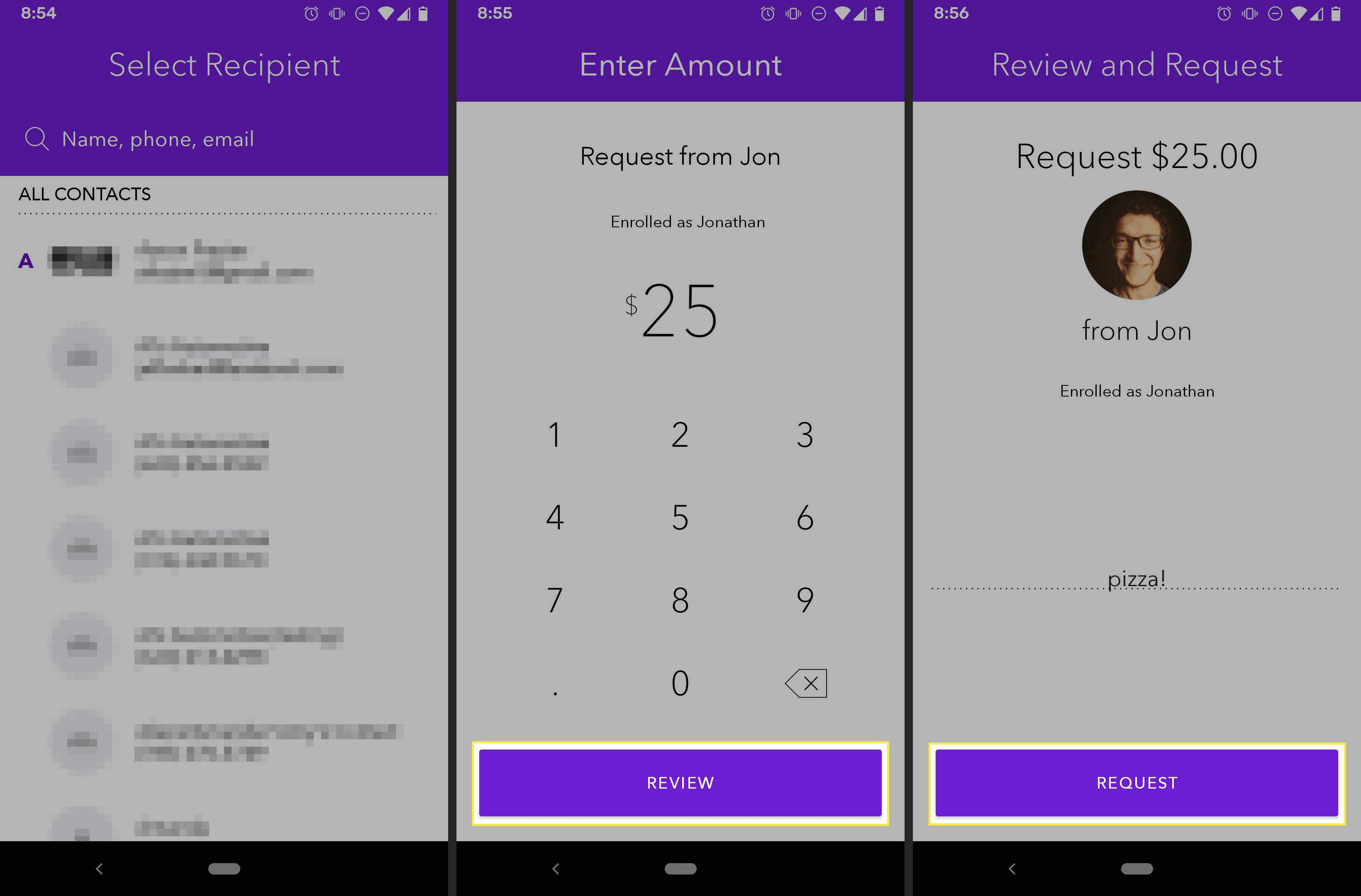 Zelle Android-app die geld vraagt ​​van een andere gebruiker.