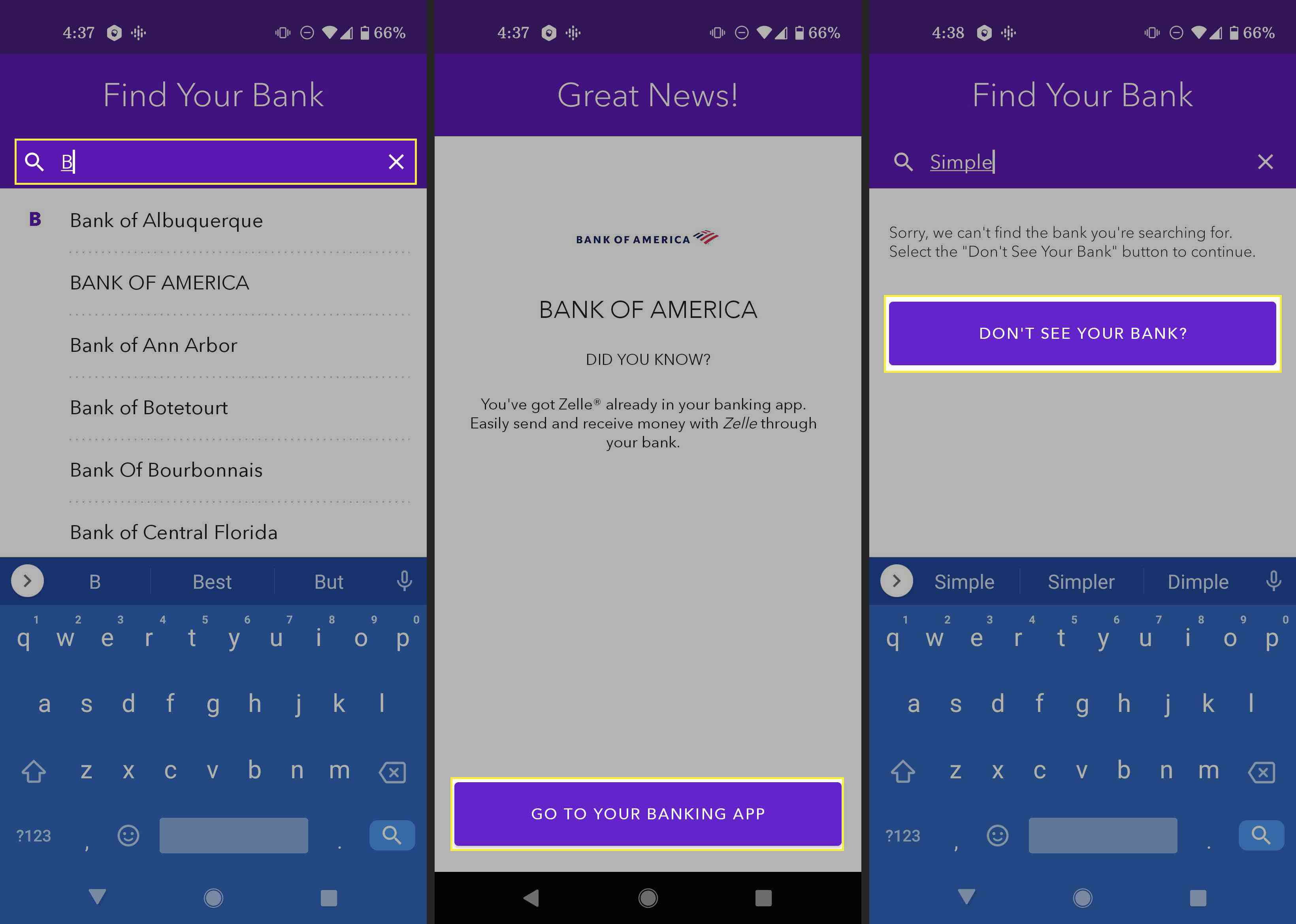 De Zelle-app gebruiken om een ​​compatibele bank op Android te zoeken.