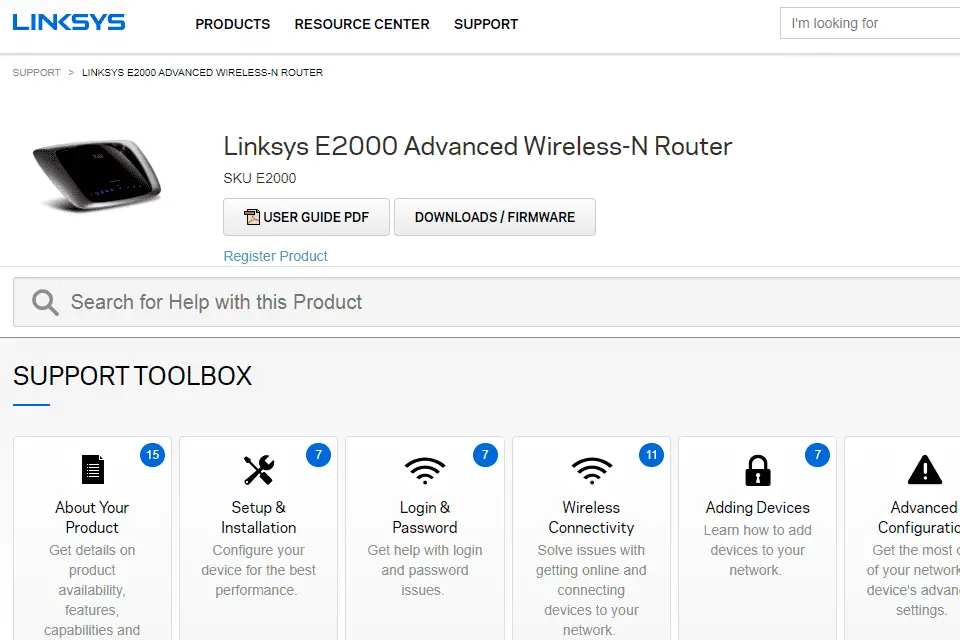 Linksys E2000-ondersteuningspagina