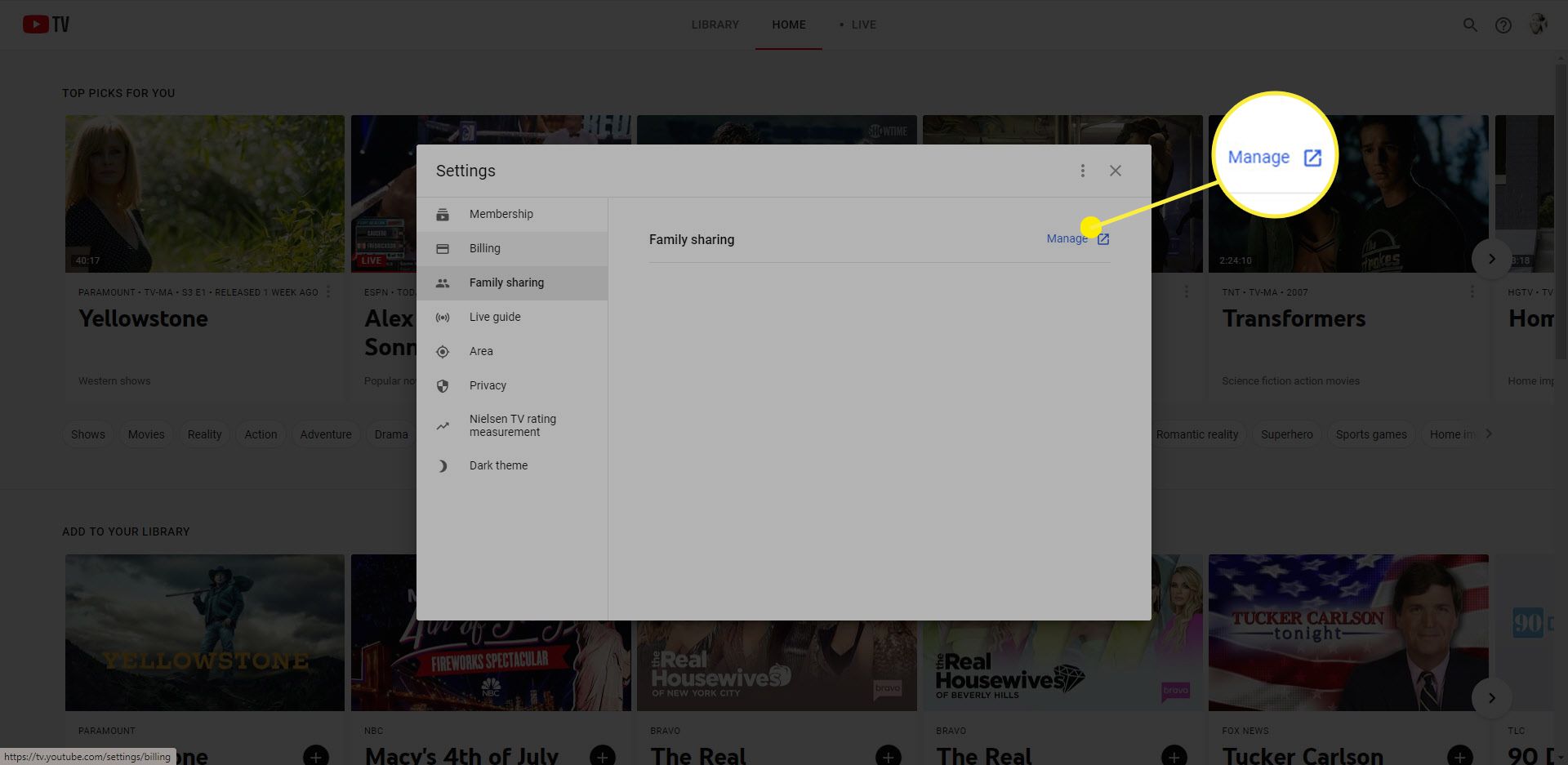 De optie Beheren in YouTube TV Family Sharing.