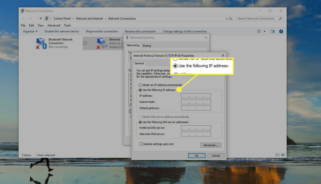 Venster Windows Netwerkverbinding met het item "Gebruik het volgende IP-adres" gemarkeerd