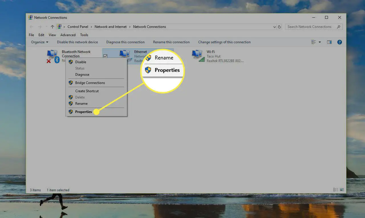 Een schermafbeelding van het venster Windows Netwerkverbinding met de opdracht Eigenschappen gemarkeerd