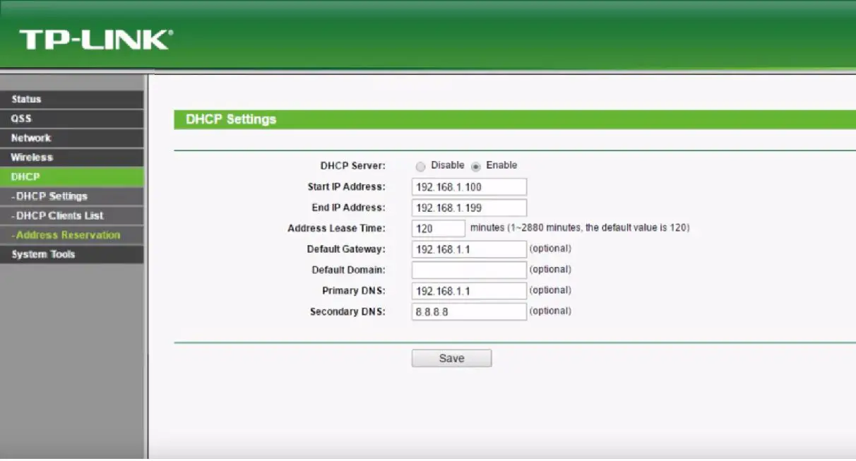 Schermafbeelding van DHCP-instellingen