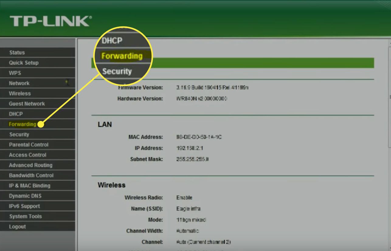 Een screenshot van TP-Link met de optie Doorsturen gemarkeerd