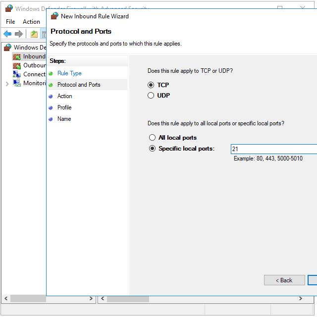 Poort 21 open in de Windows 10-firewall