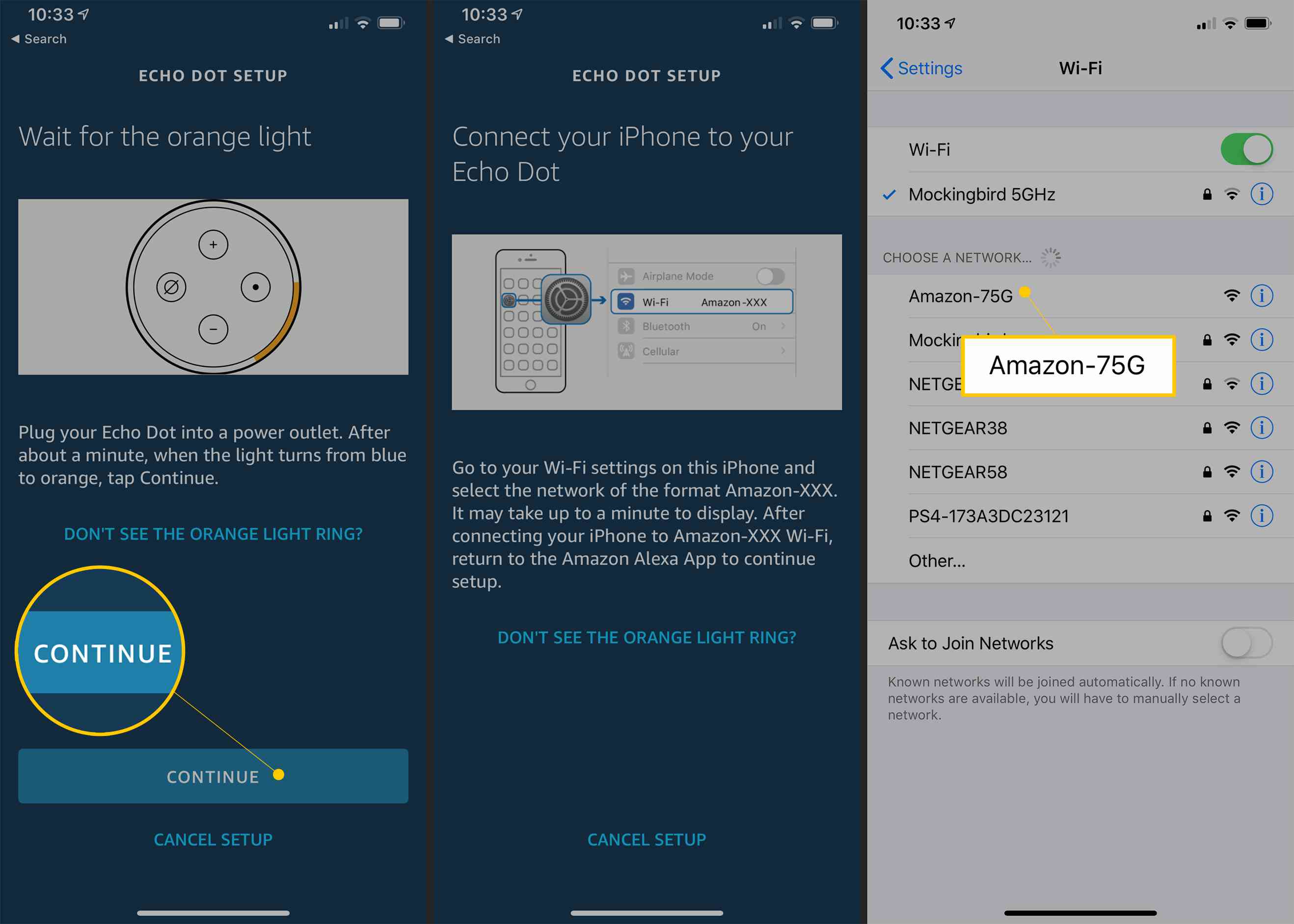 Doorgaan-knop, verbindingsinstructies en Amazon-75G wifi-netwerk in Alexa setup-app