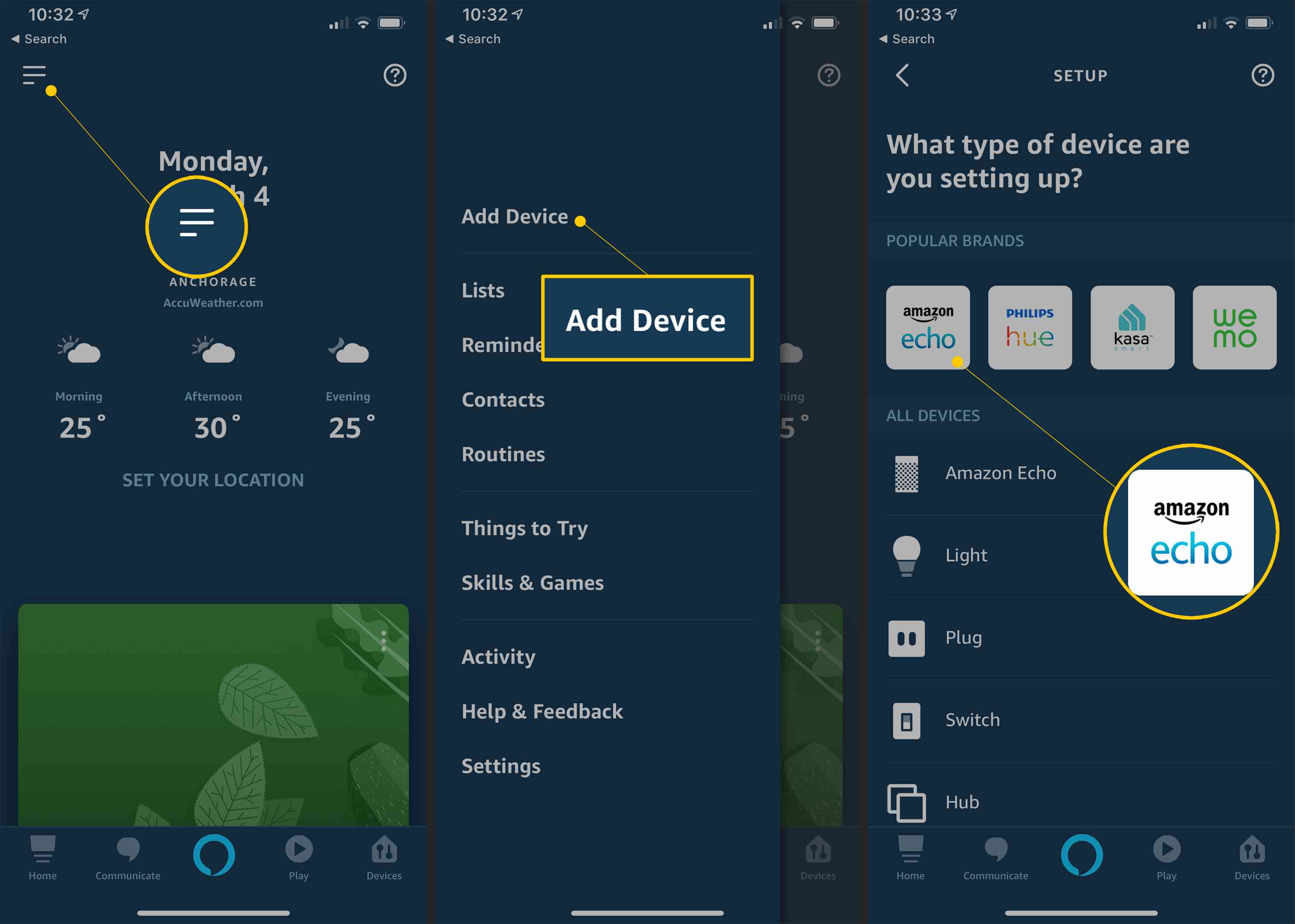 Menupictogram, knop Apparaat toevoegen en Amazon Echo-knop in Alexa setup-app