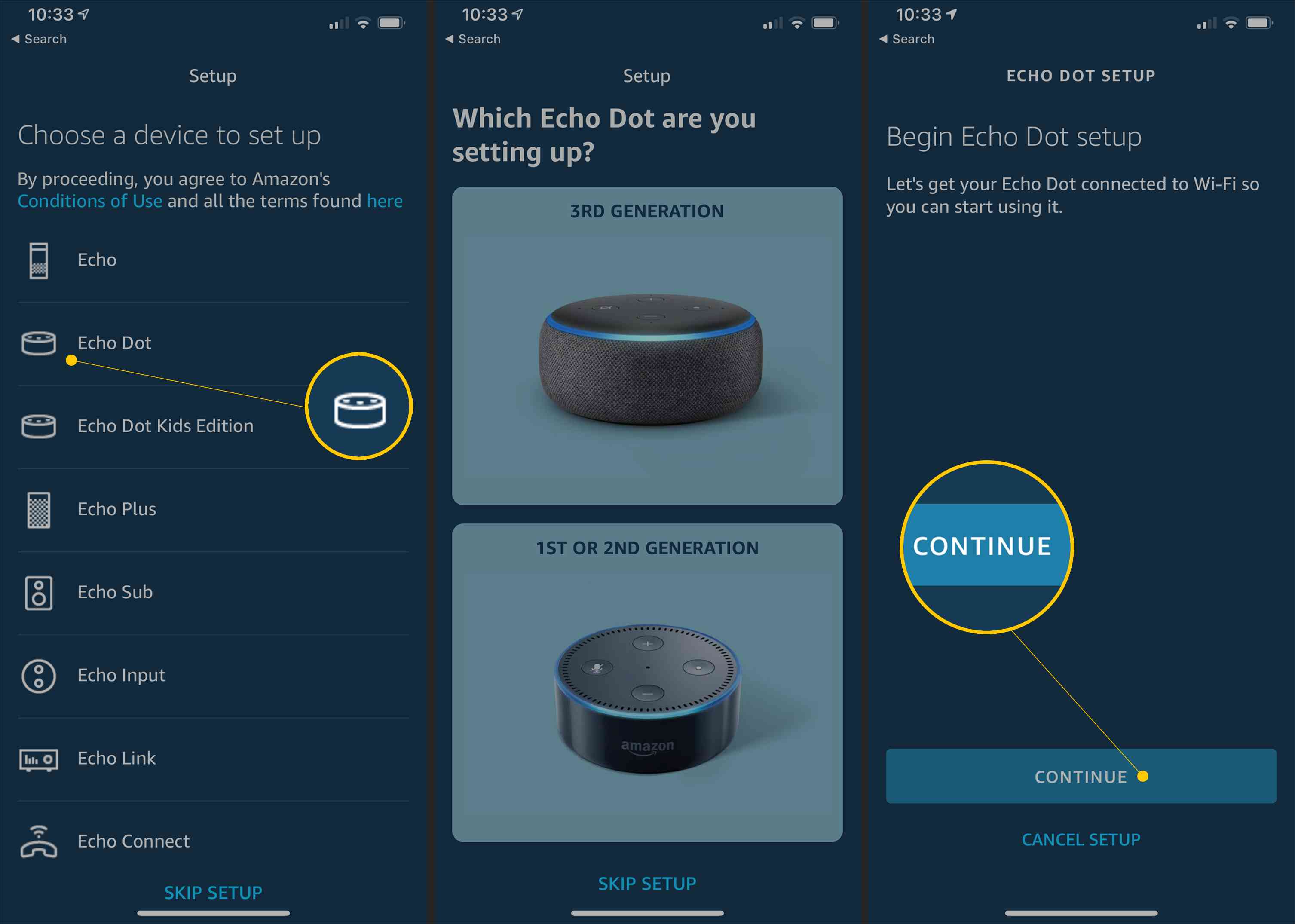 Echo Dot, Apparaatkiezerscherm en Doorgaan-knop in Alexa setup-app