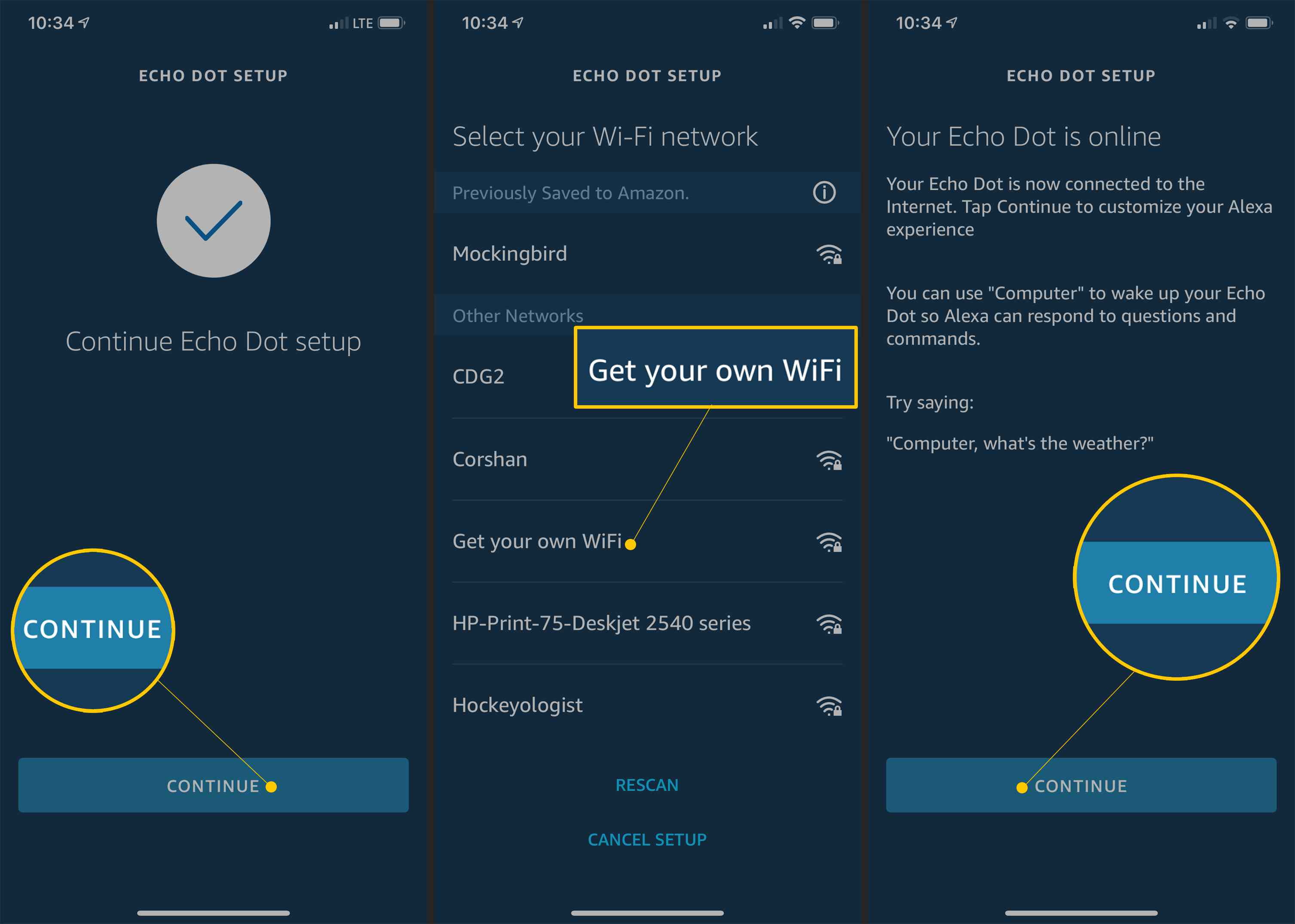 Doorgaan, Wi-Fi-netwerken en Doorgaan-knop in de Alexa-installatie-app