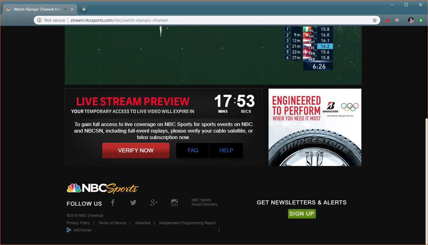 Een screenshot van de beperkte gratis preview van NBC Sports.