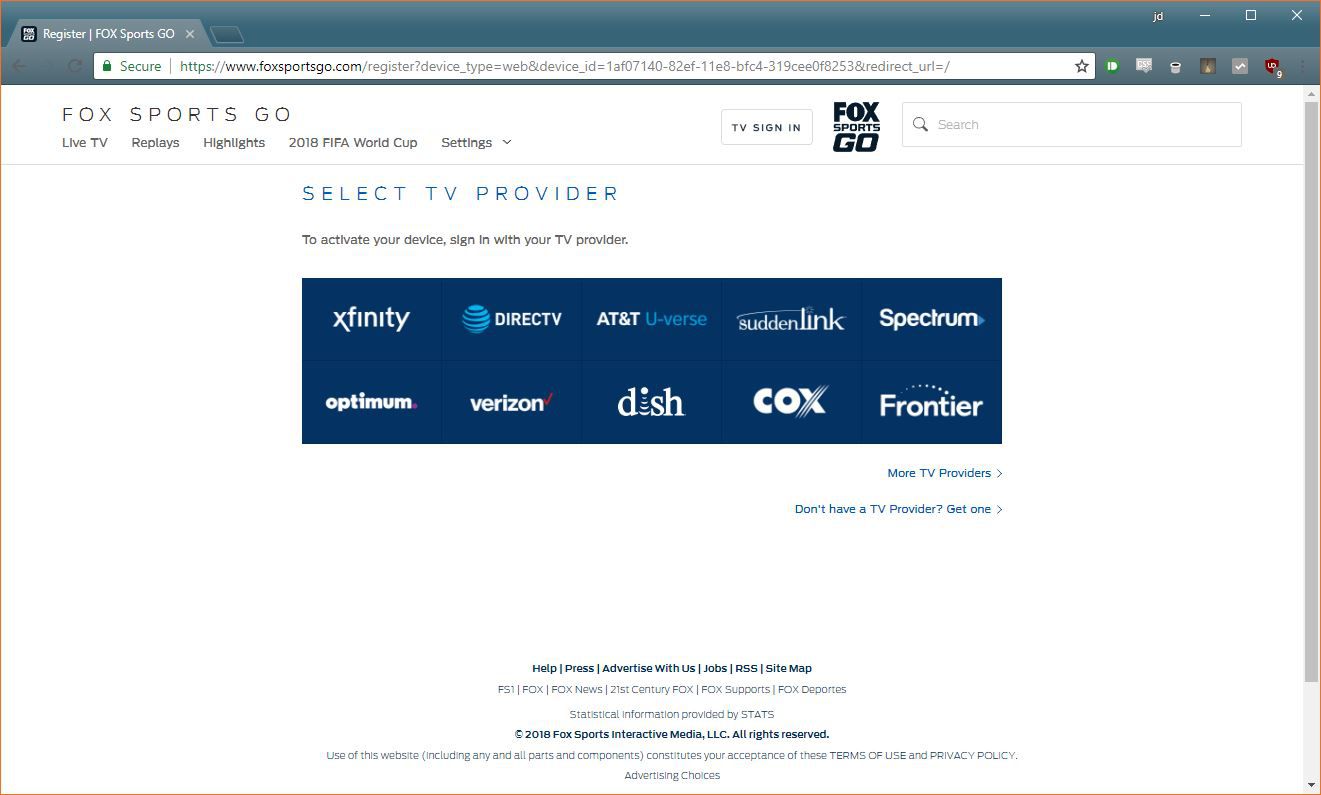 De selectiepagina van Fox Sports Go TV-aanbieders.
