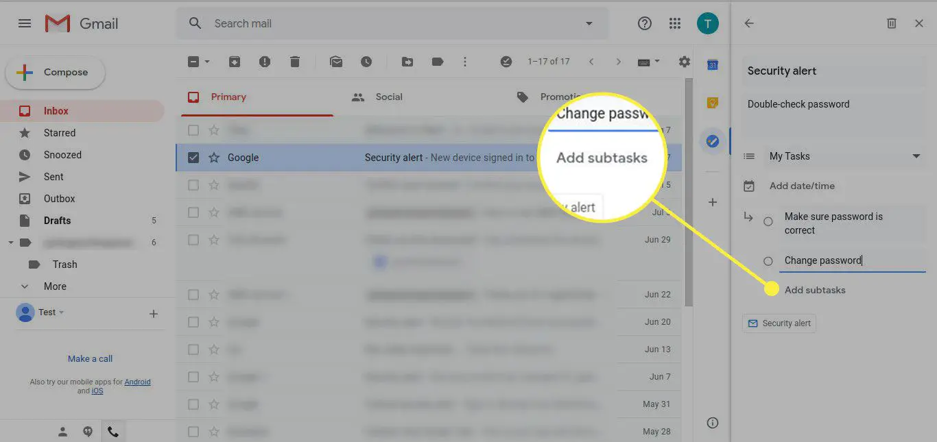 Een taak in Gmail met de optie Subtaken toevoegen gemarkeerd