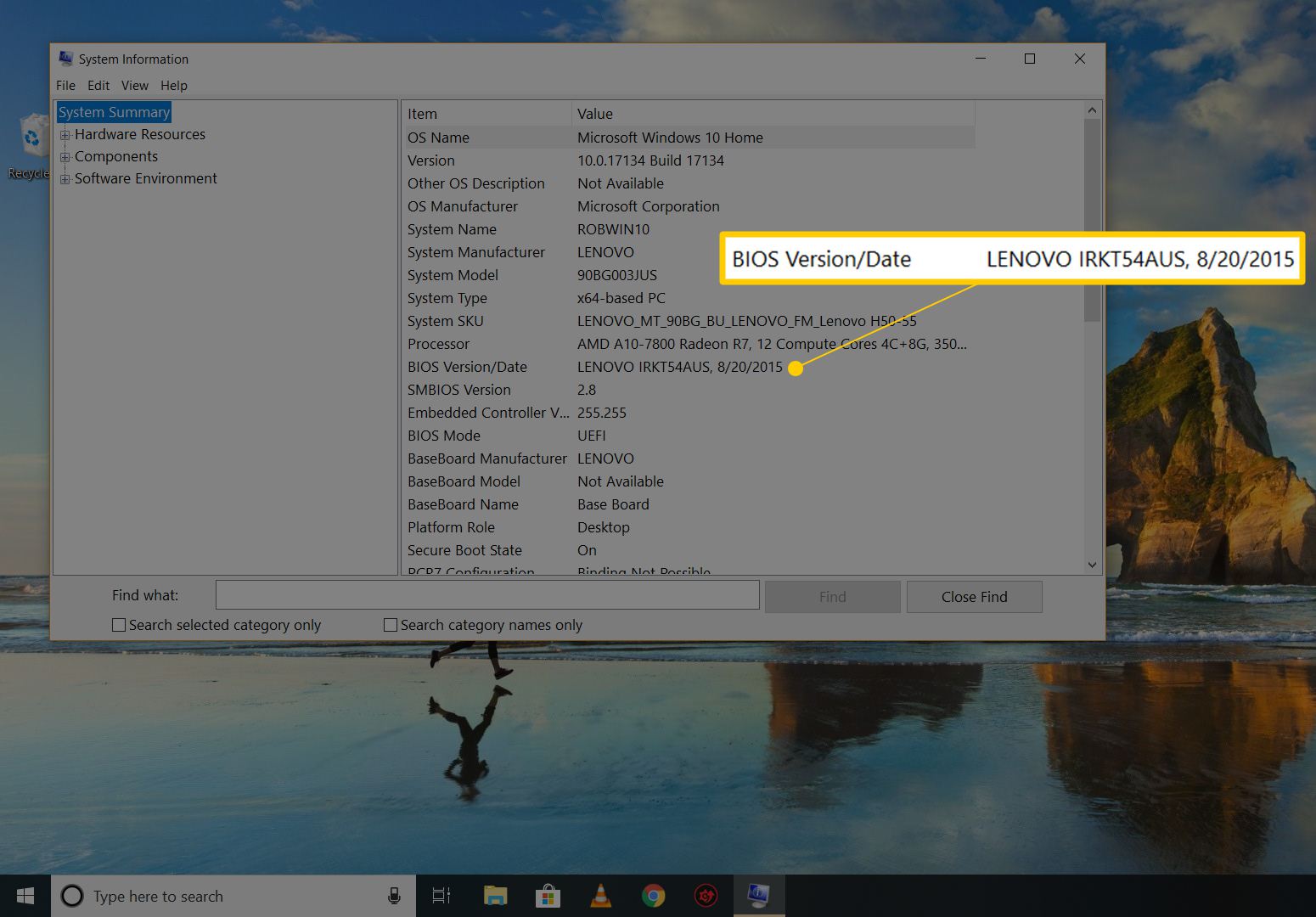 BIOS-versie/datum in systeeminformatie op Windows 10