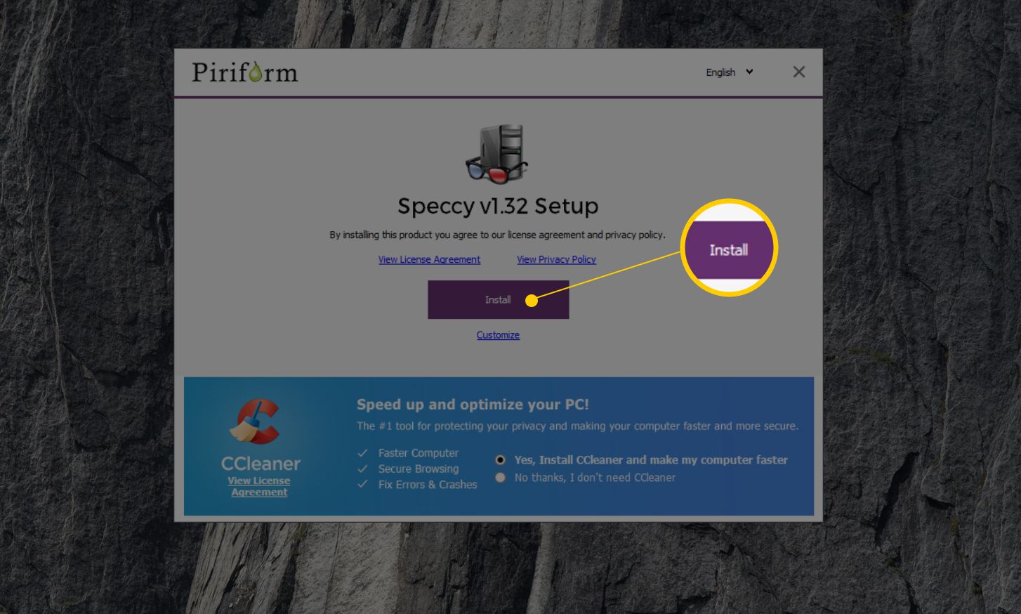 Installatieknop voor Speccy v 1.32 op Windows 10