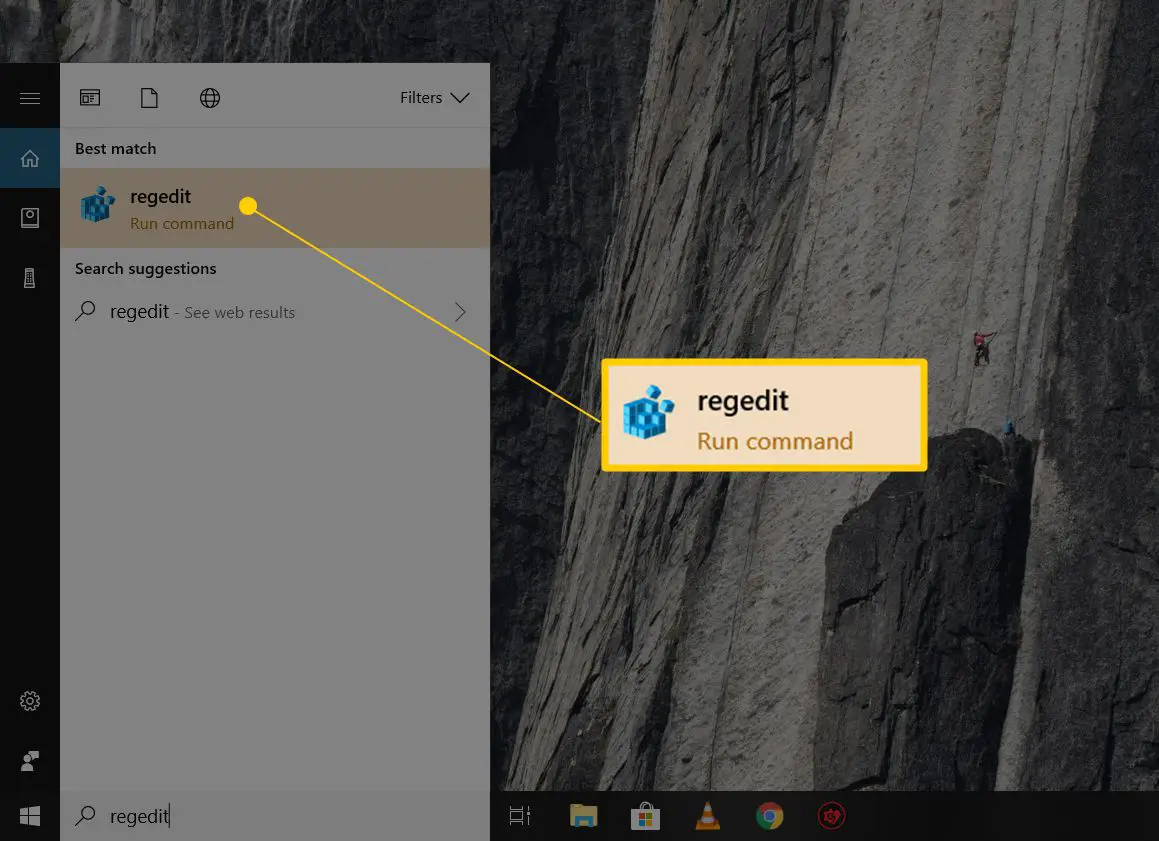 regedit-opdracht in het startmenu van Windows 10