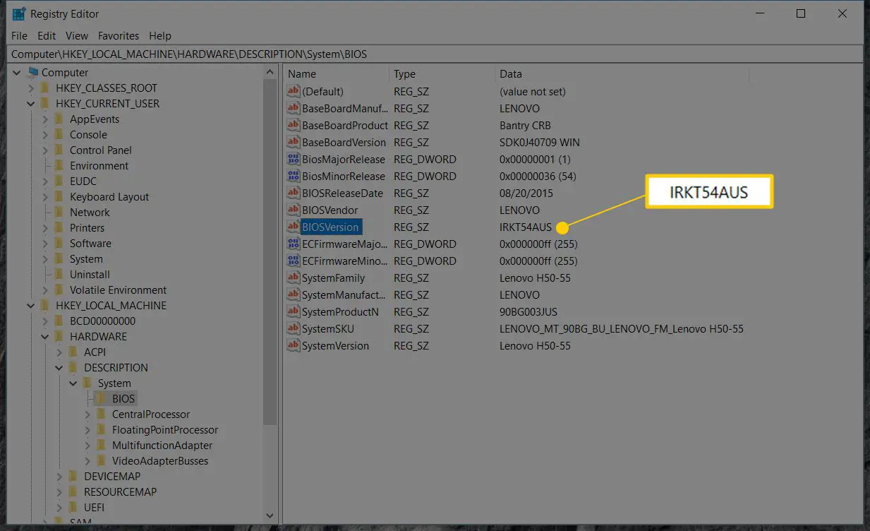 BIOS-versie in Register-editor in Windows 10