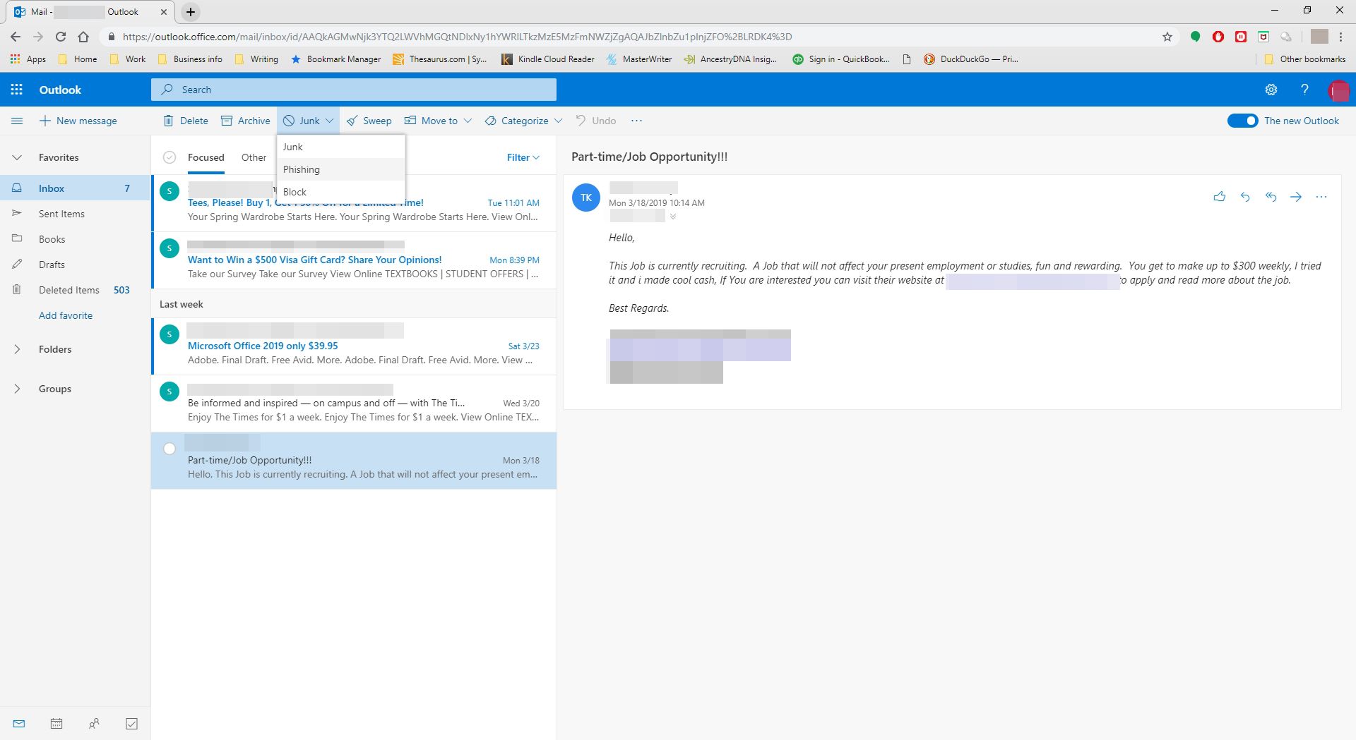 Phishing selecteren in het menu Ongewenste e-mail in Outlook.com
