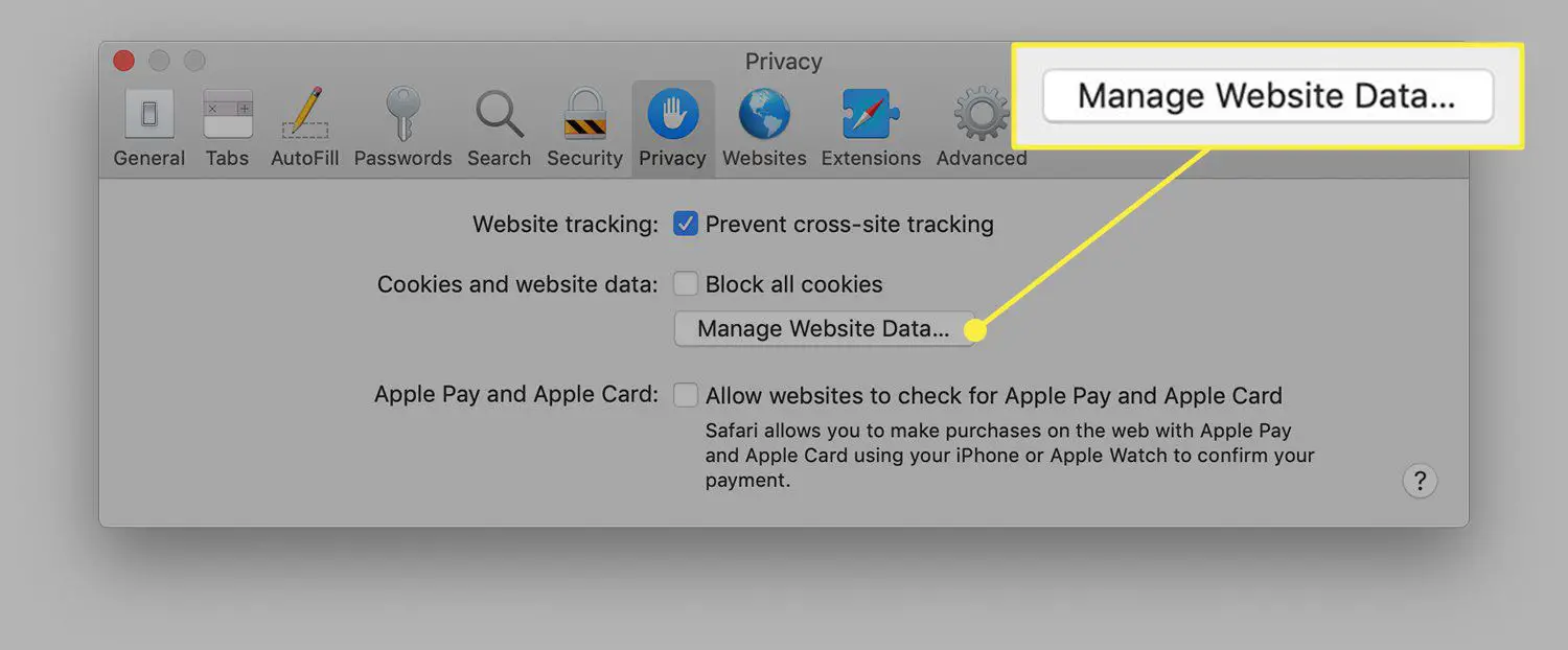 Safari's Privacy-tabblad met de knop Websitegegevens beheren gemarkeerd