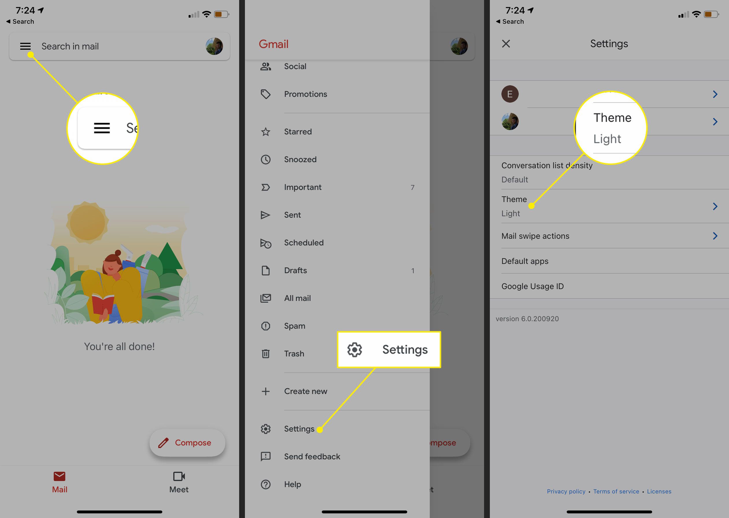 Het menu Meer, Instellingen en Thema in de Gmail-app voor iPhone